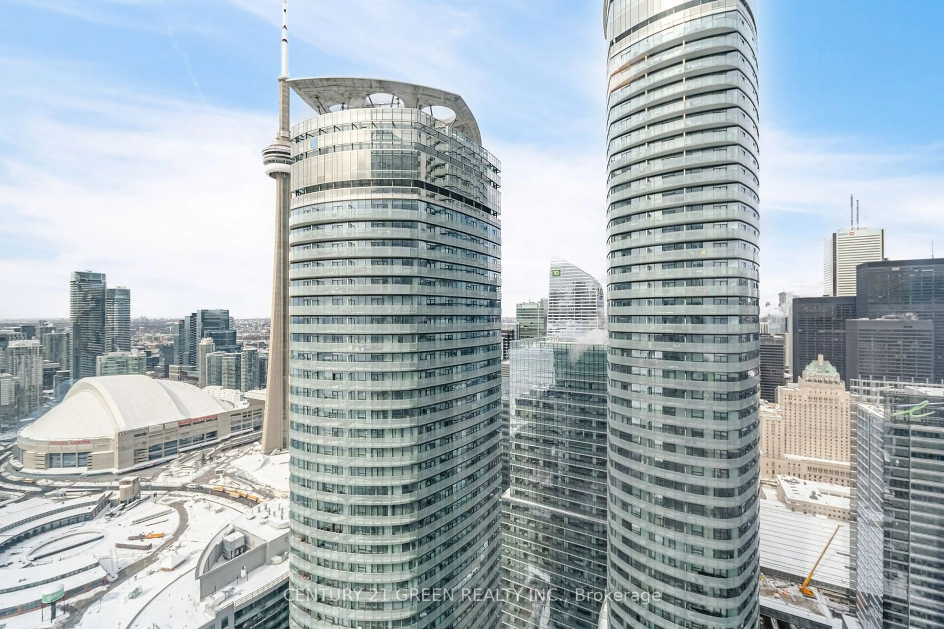 A pic from outside/outdoor area/front of a property/back of a property/a pic from drone, city buildings view from balcony for 10 York St #5502, Toronto Ontario M5J 0E1