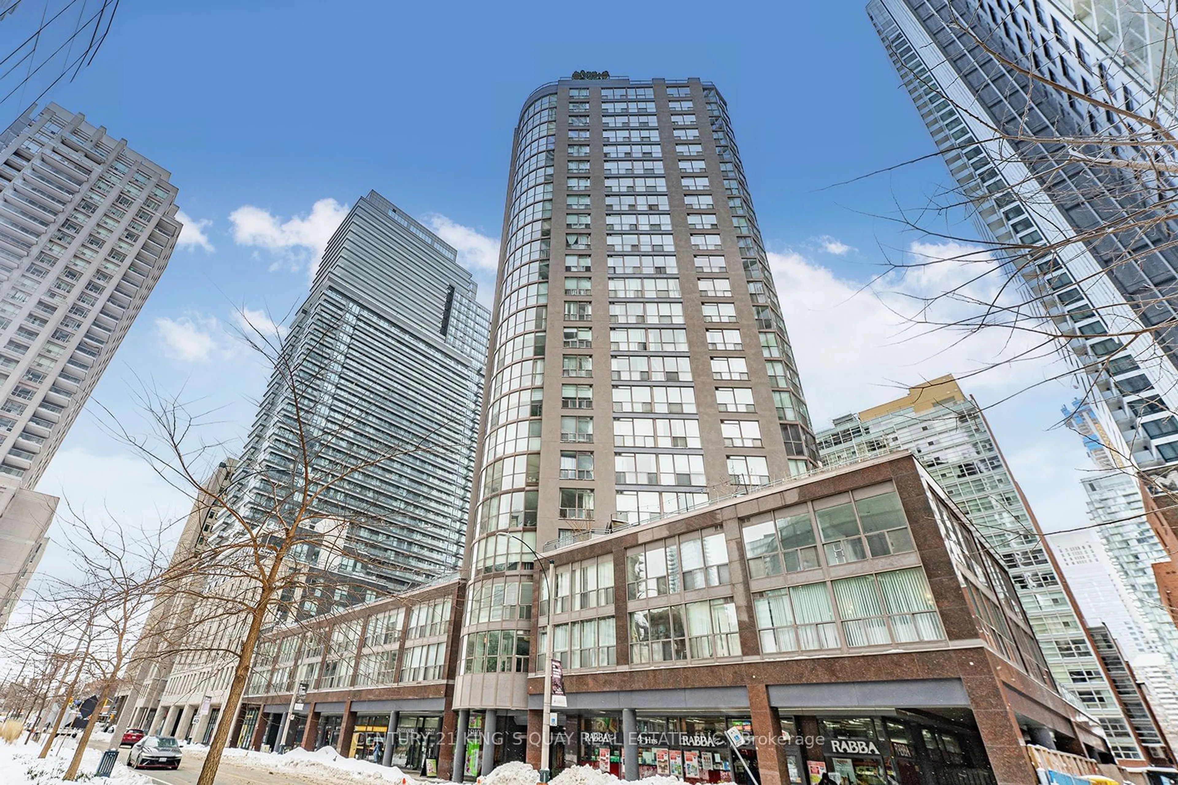 Patio, city buildings view from balcony for 24 Wellesley St #1407, Toronto Ontario M4Y 2X6