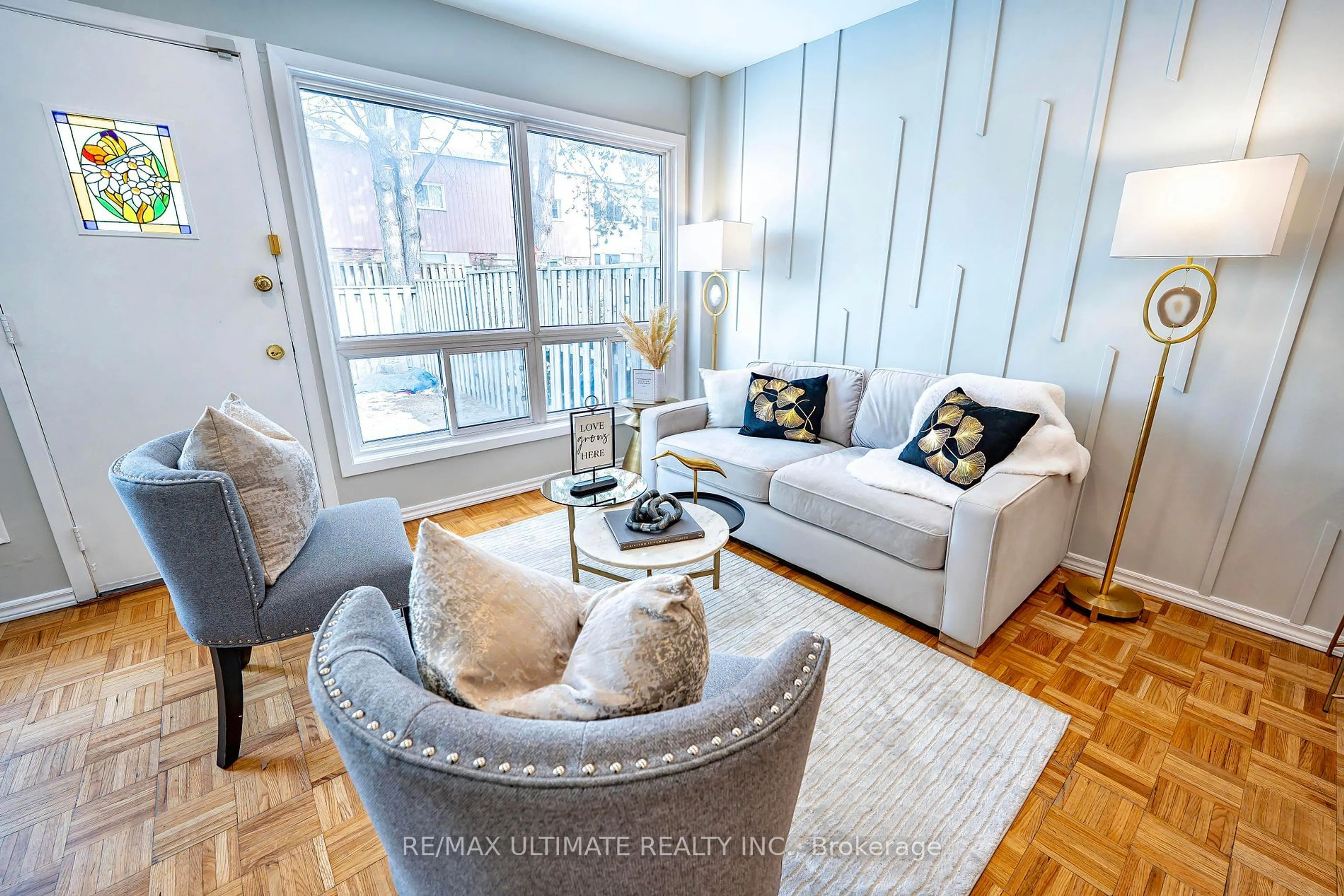 Living room with furniture, wood/laminate floor for 3 Elsa Vine Way, Toronto Ontario M2J 4H8