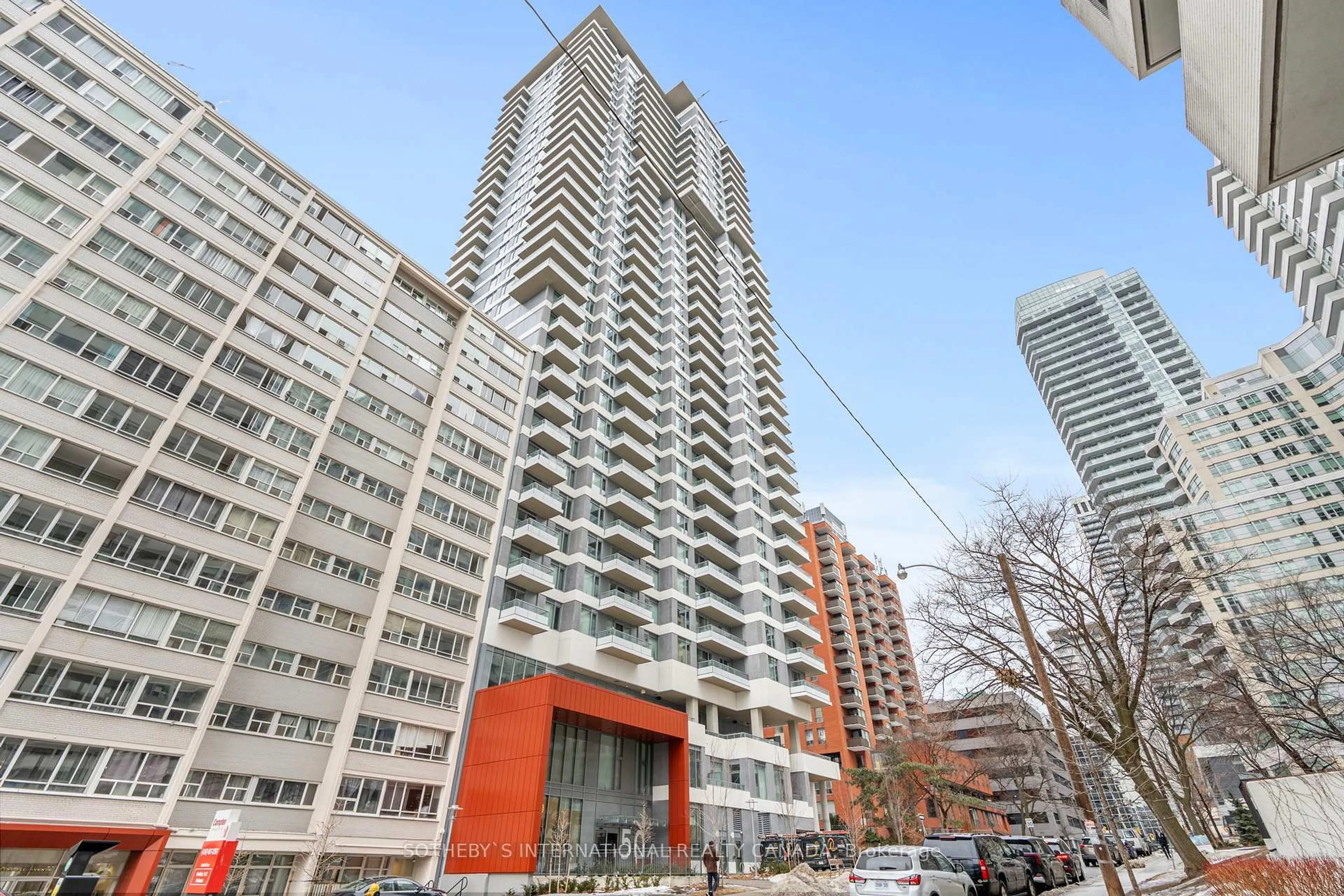 Patio, city buildings view from balcony for 50 Dunfield Ave #711, Toronto Ontario M4S 3A4