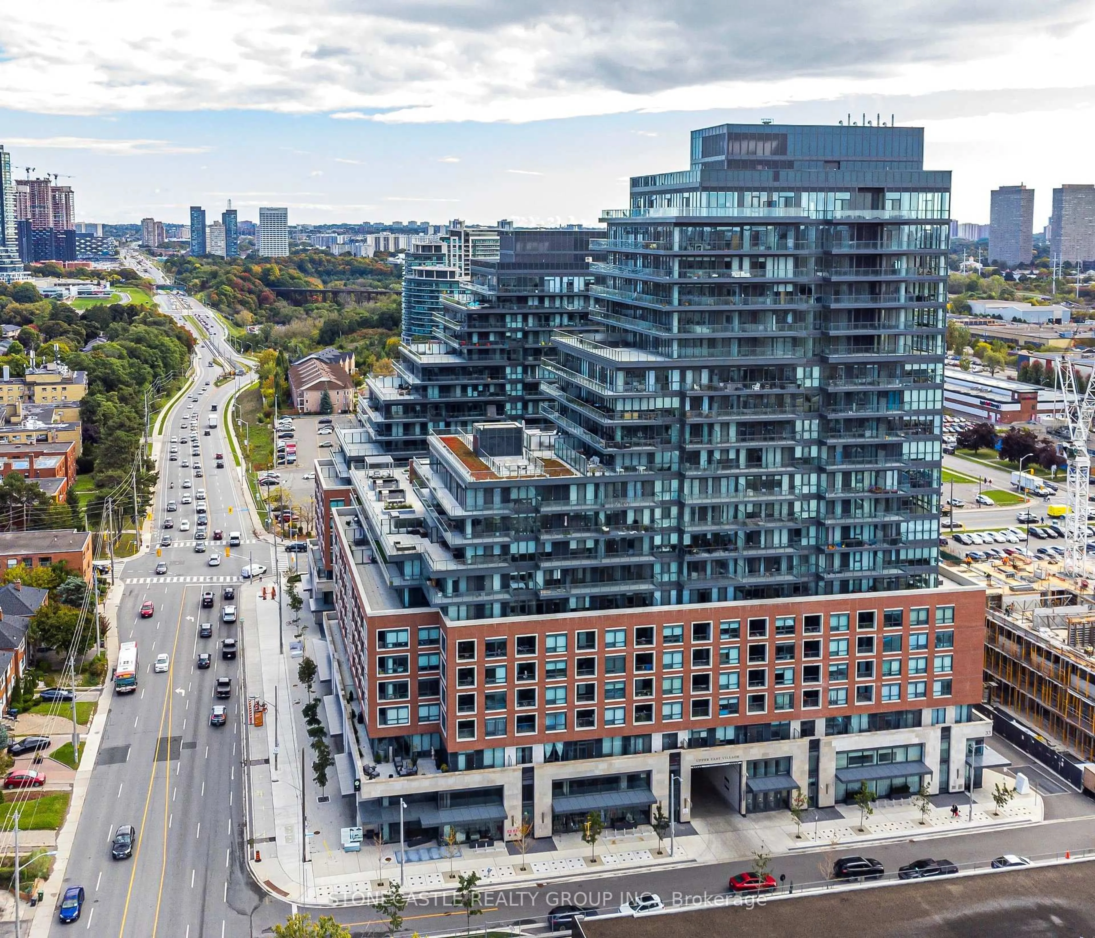 A pic from outside/outdoor area/front of a property/back of a property/a pic from drone, city buildings view from balcony for 33 Frederick Todd Way #1001, Toronto Ontario M4G 0C9