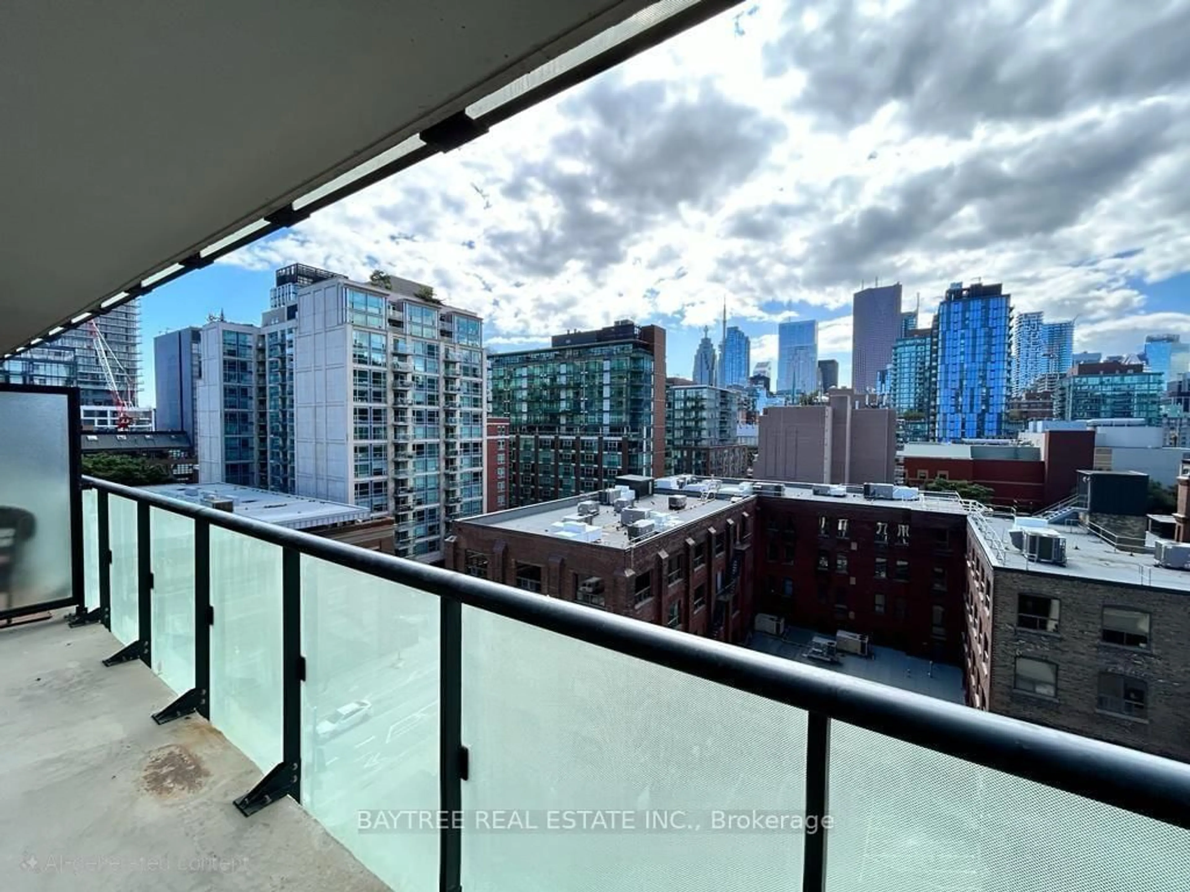 Balcony in the apartment, city buildings view from balcony for 400 Adelaide St #1109, Toronto Ontario M5A 4S3