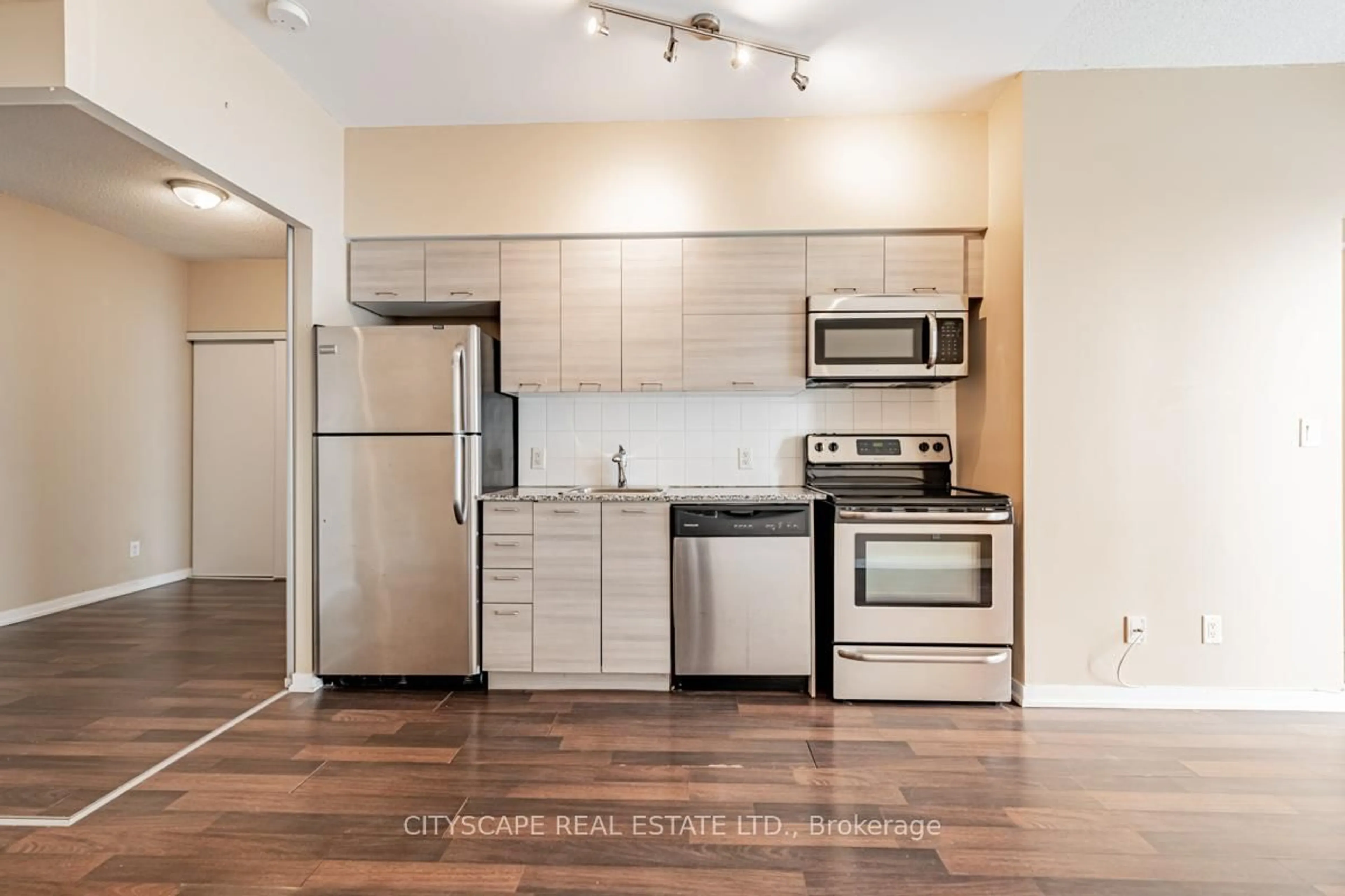 Standard kitchen, wood/laminate floor for 20 Joe Shuster Way #1402, Toronto Ontario M6K 0A3