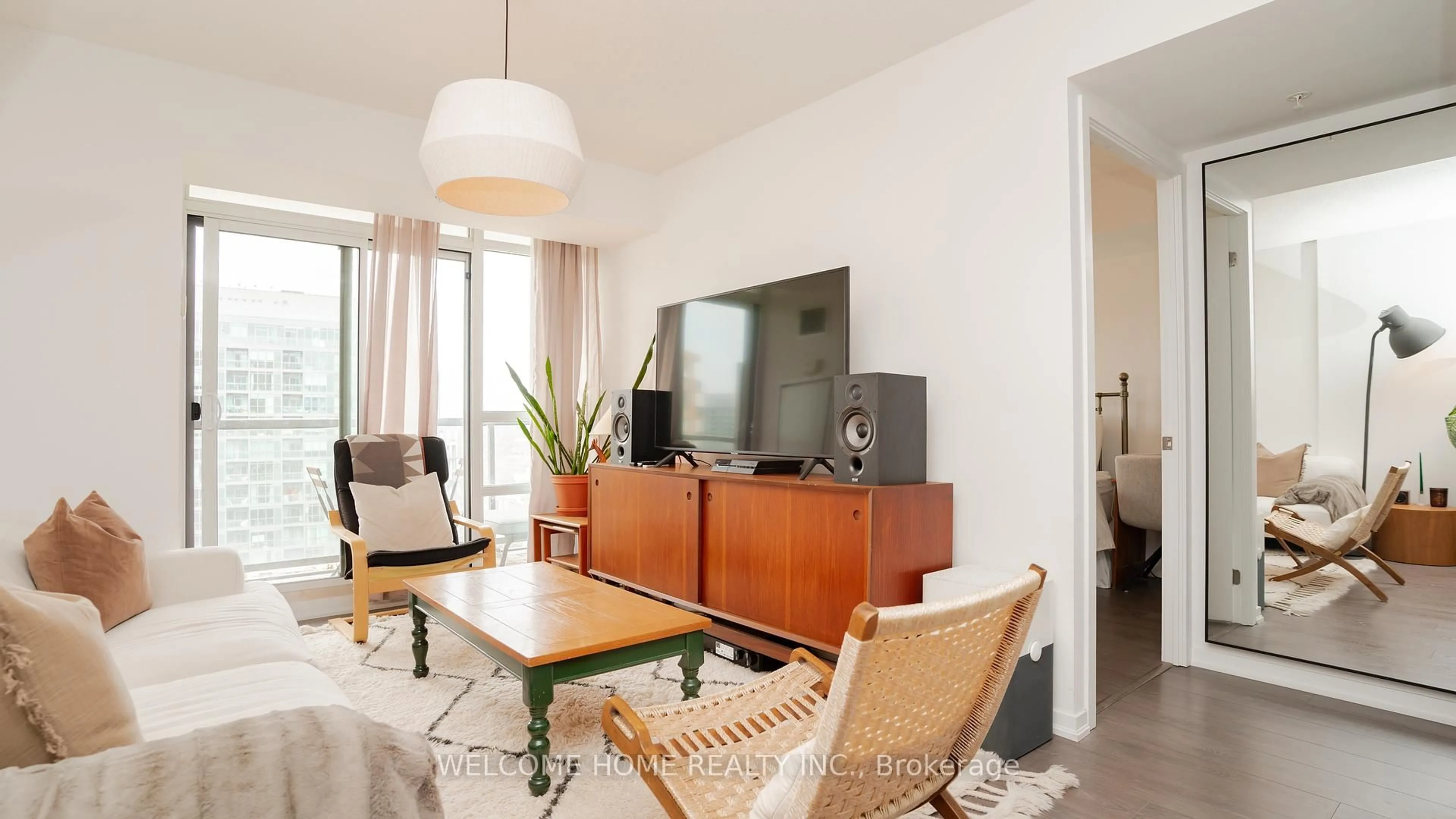 Living room with furniture, wood/laminate floor for 68 Abell St #1911, Toronto Ontario M6J 0B1