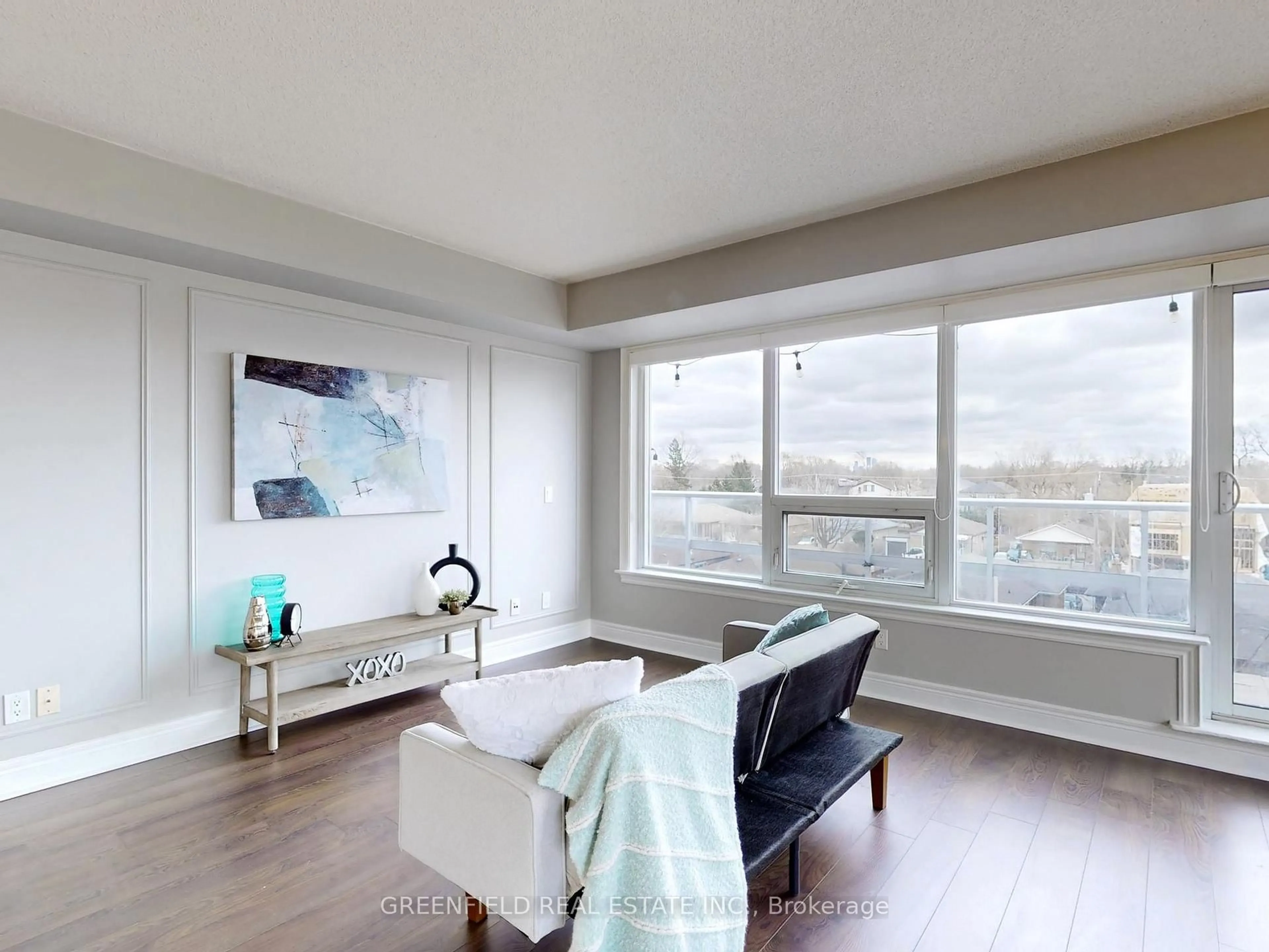 Living room with furniture, wood/laminate floor for 701 Sheppard Ave #404, Toronto Ontario M3H 0B2