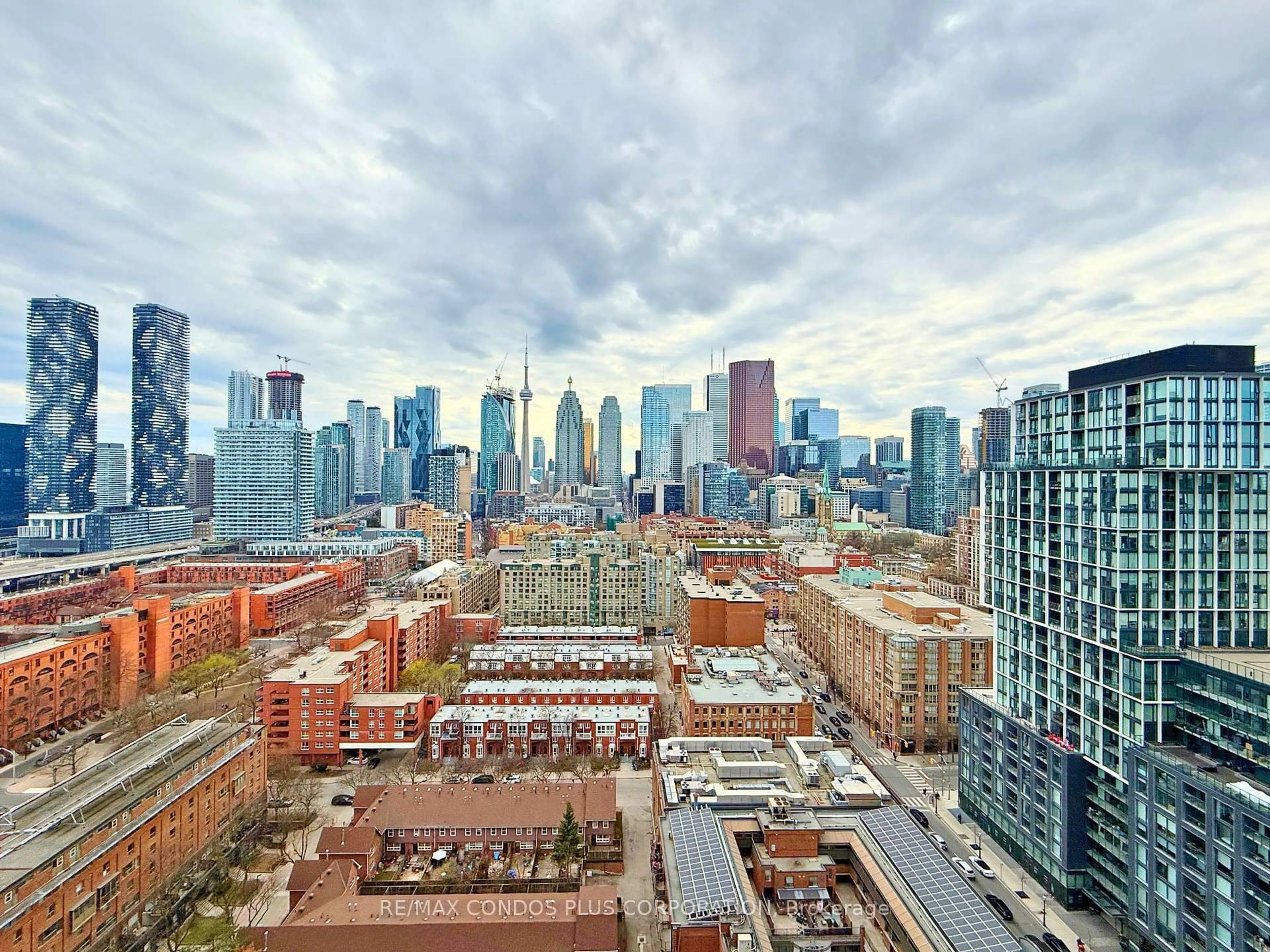 Patio, city buildings view from balcony for 135 Lower Sherbourne St #2230, Toronto Ontario M5A 1Y4