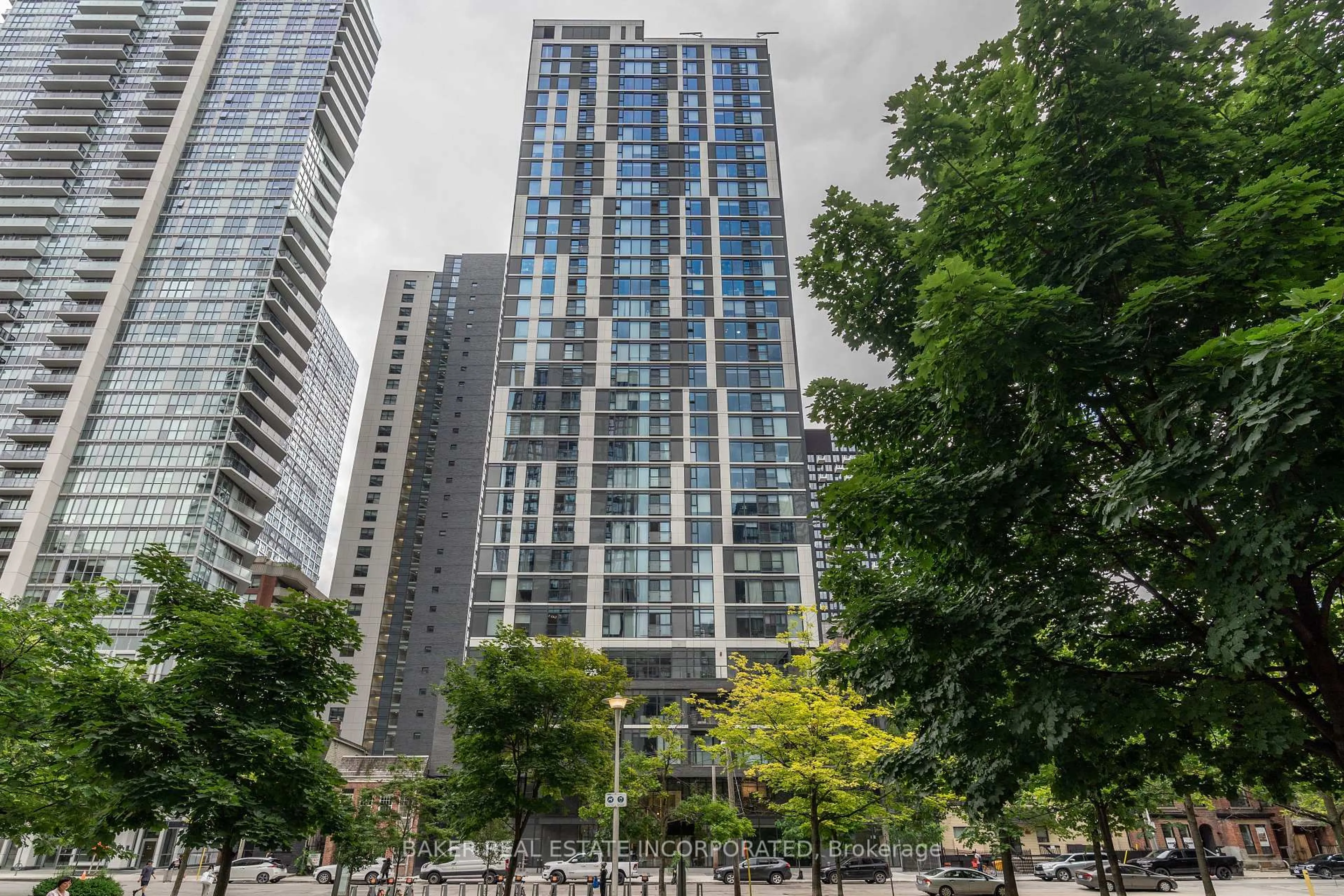 Patio, city buildings view from balcony for 65 Mutual St #408, Toronto Ontario M5B 0E5