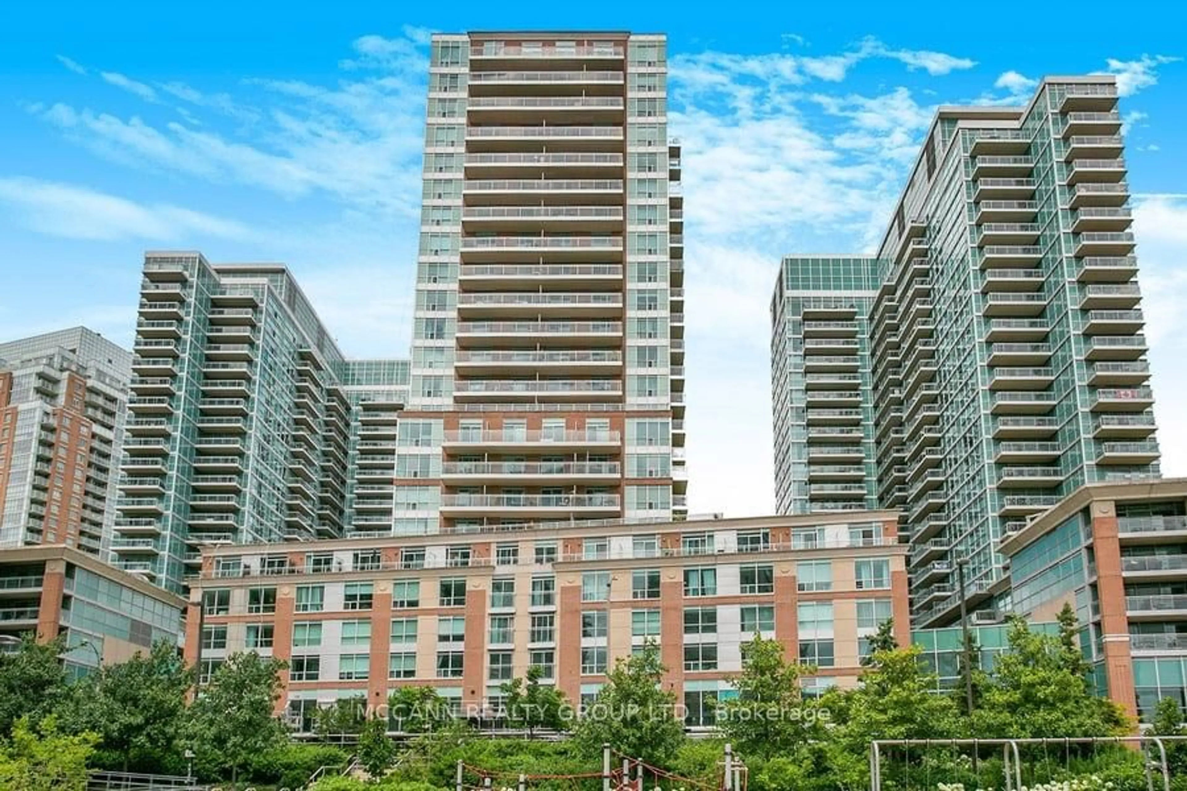 Patio, city buildings view from balcony for 50 Lynn Williams St #304, Toronto Ontario M6K 3R9