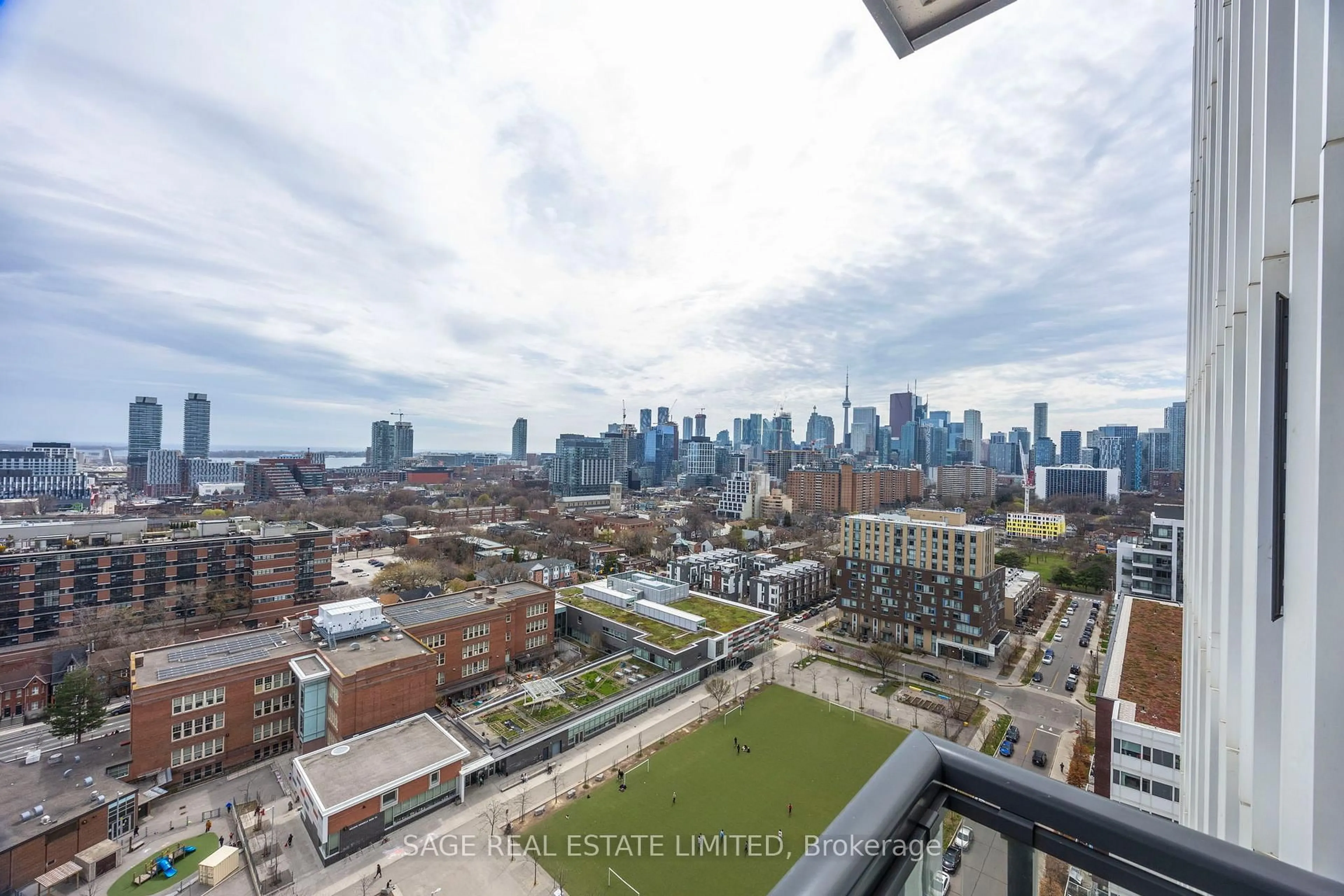 A pic from outside/outdoor area/front of a property/back of a property/a pic from drone, city buildings view from balcony for 55 Regent Park Blvd #1904, Toronto Ontario M5A 0C2