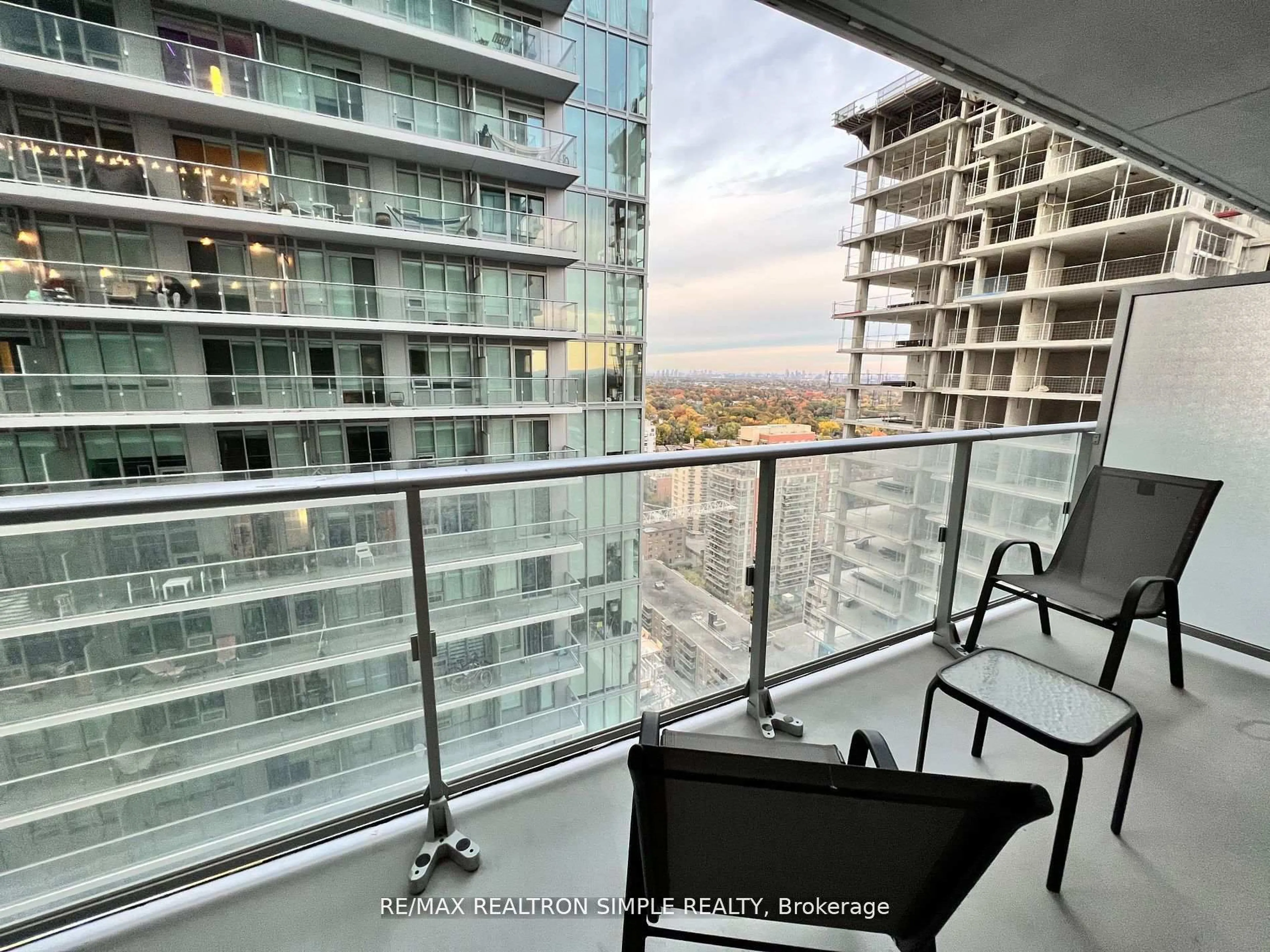 Balcony in the apartment, city buildings view from balcony for 195 Redpath Ave #2602, Toronto Ontario M4P 0E4