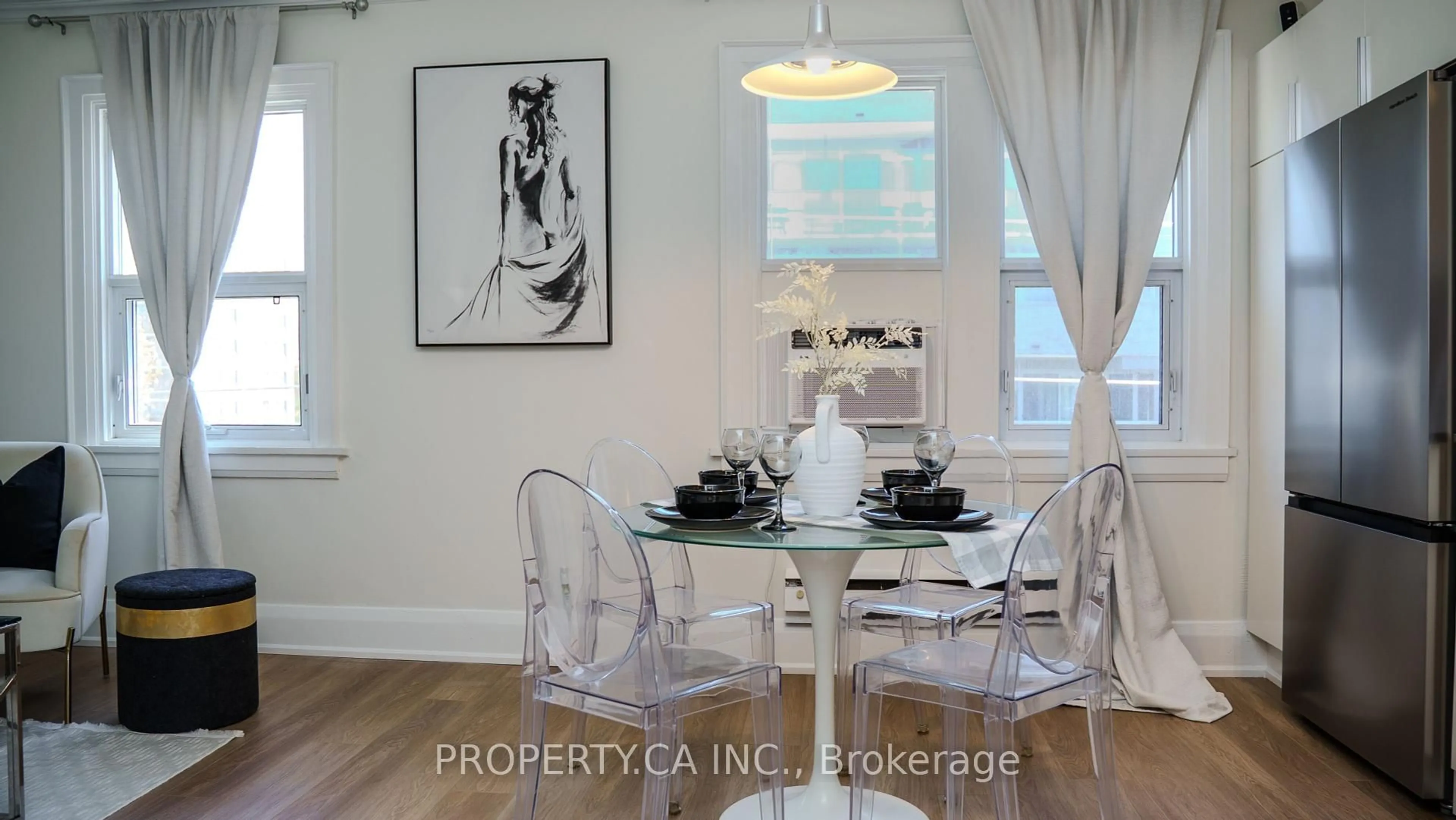 Dining room, wood/laminate floor for 114 Vaughan Rd #402, Toronto Ontario M6C 2M1