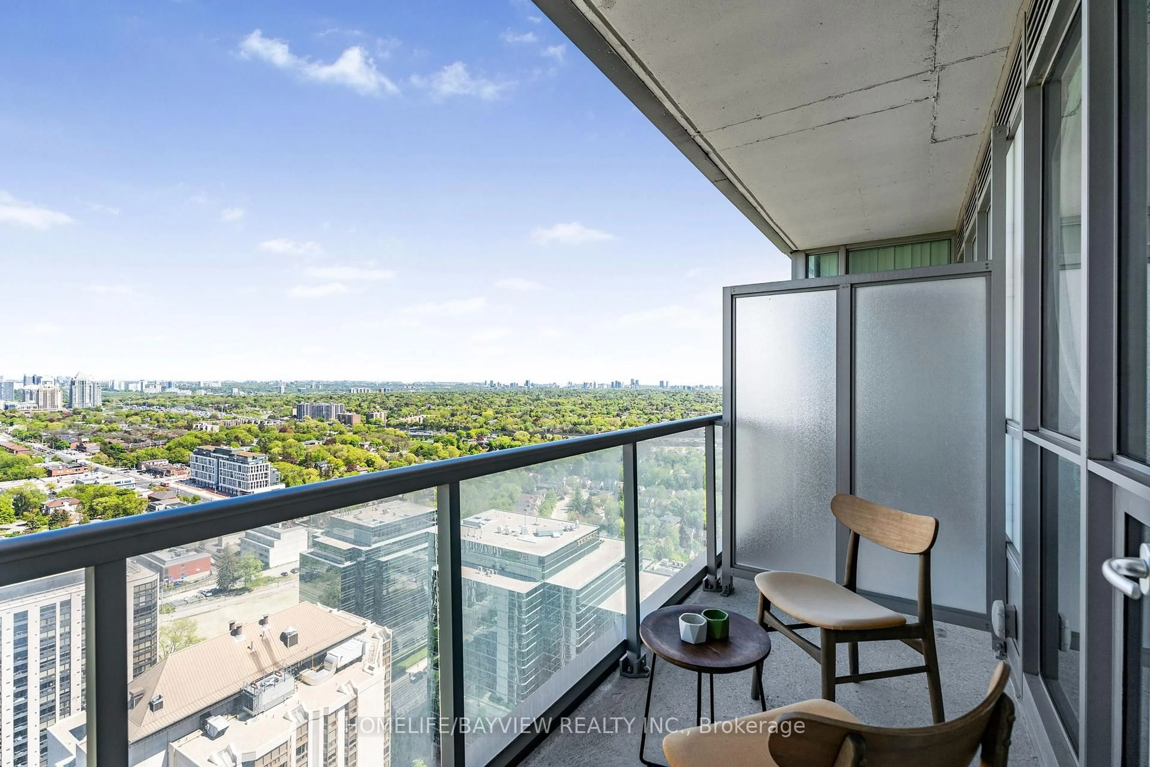 Balcony in the apartment, city buildings view from balcony for 88 Sheppard Ave #3310, Toronto Ontario M2N 3A3