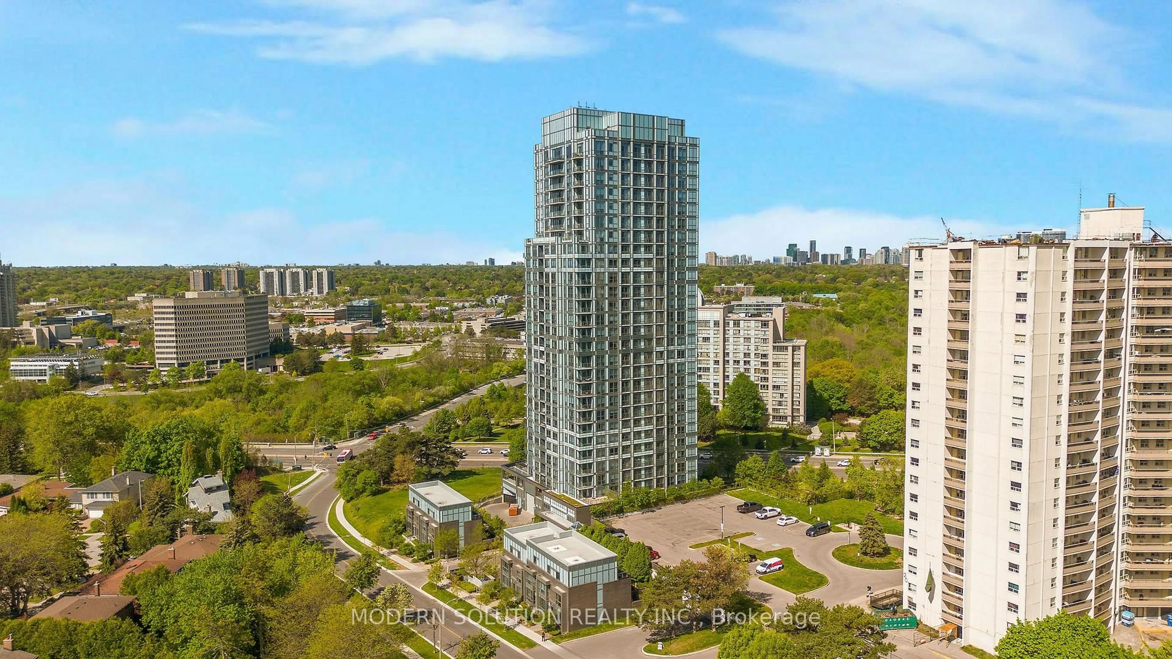 A pic from outside/outdoor area/front of a property/back of a property/a pic from drone, city buildings view from balcony for 18 Graydon Hall Dr #210, Toronto Ontario M3A 0A4