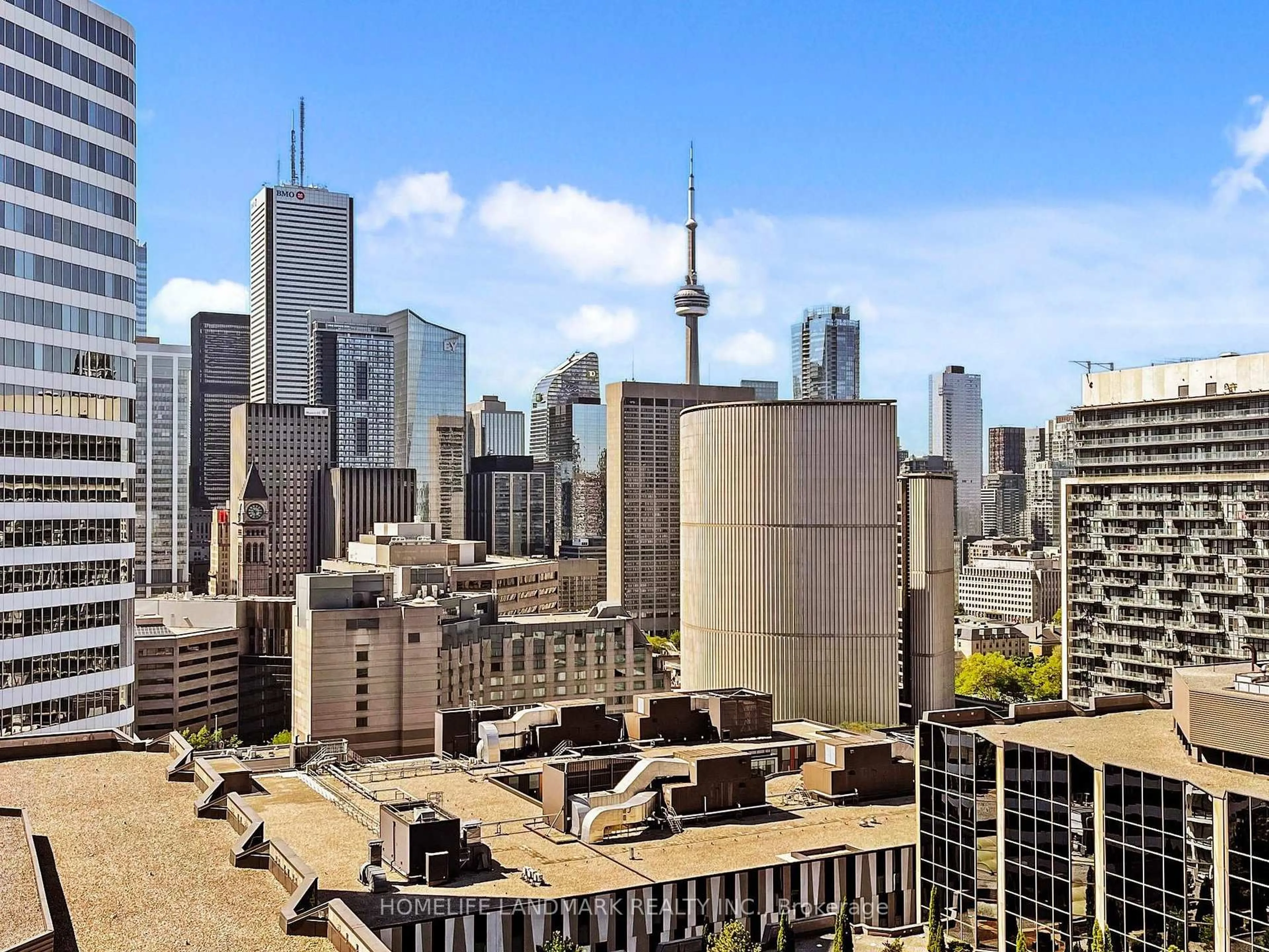 Patio, city buildings view from balcony for 20 Edward St #2007, Toronto Ontario M5G 0C5