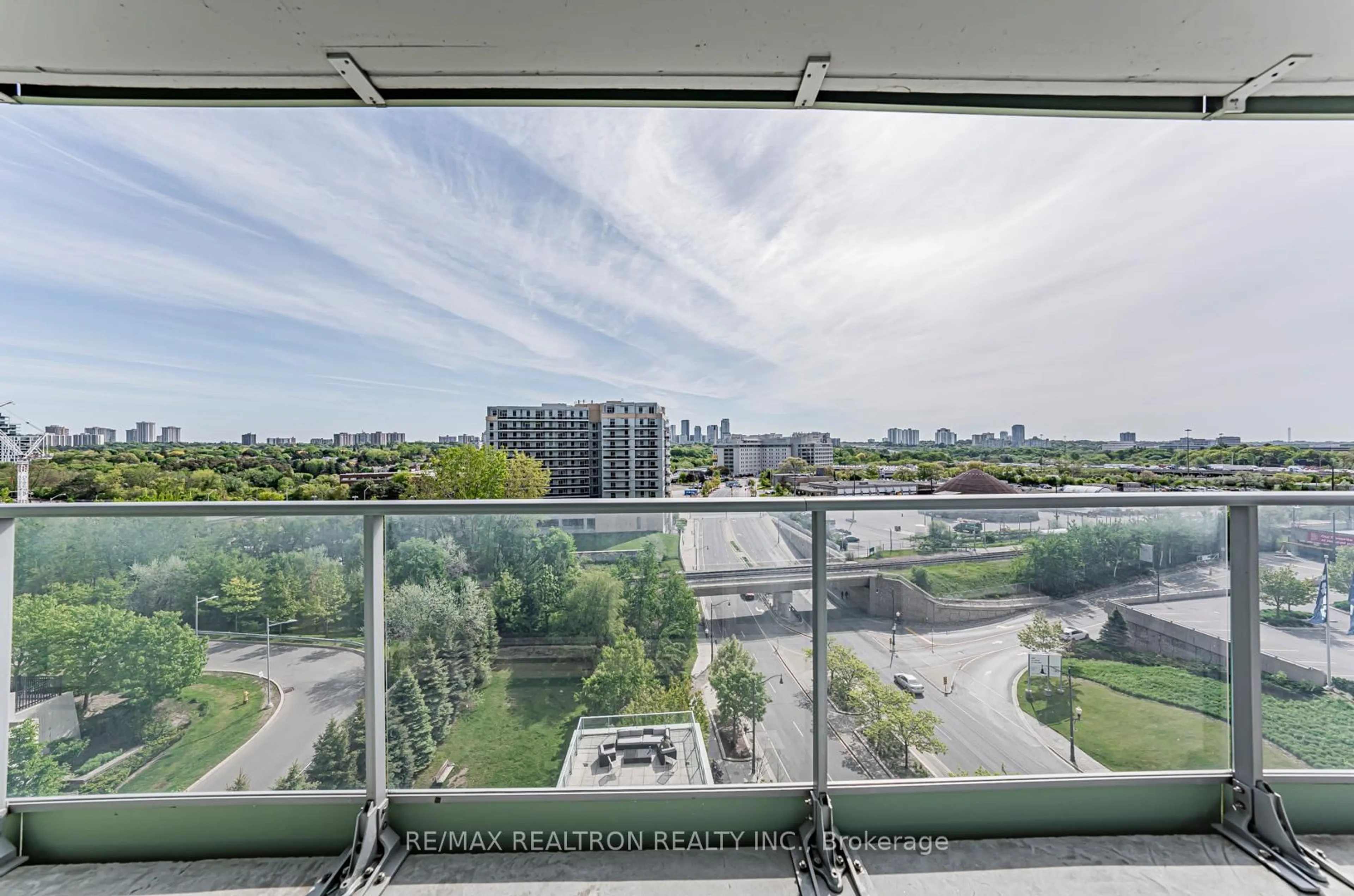 Balcony in the apartment, city buildings view from balcony for 29 Singer Crt #711, Toronto Ontario M2K 0B3