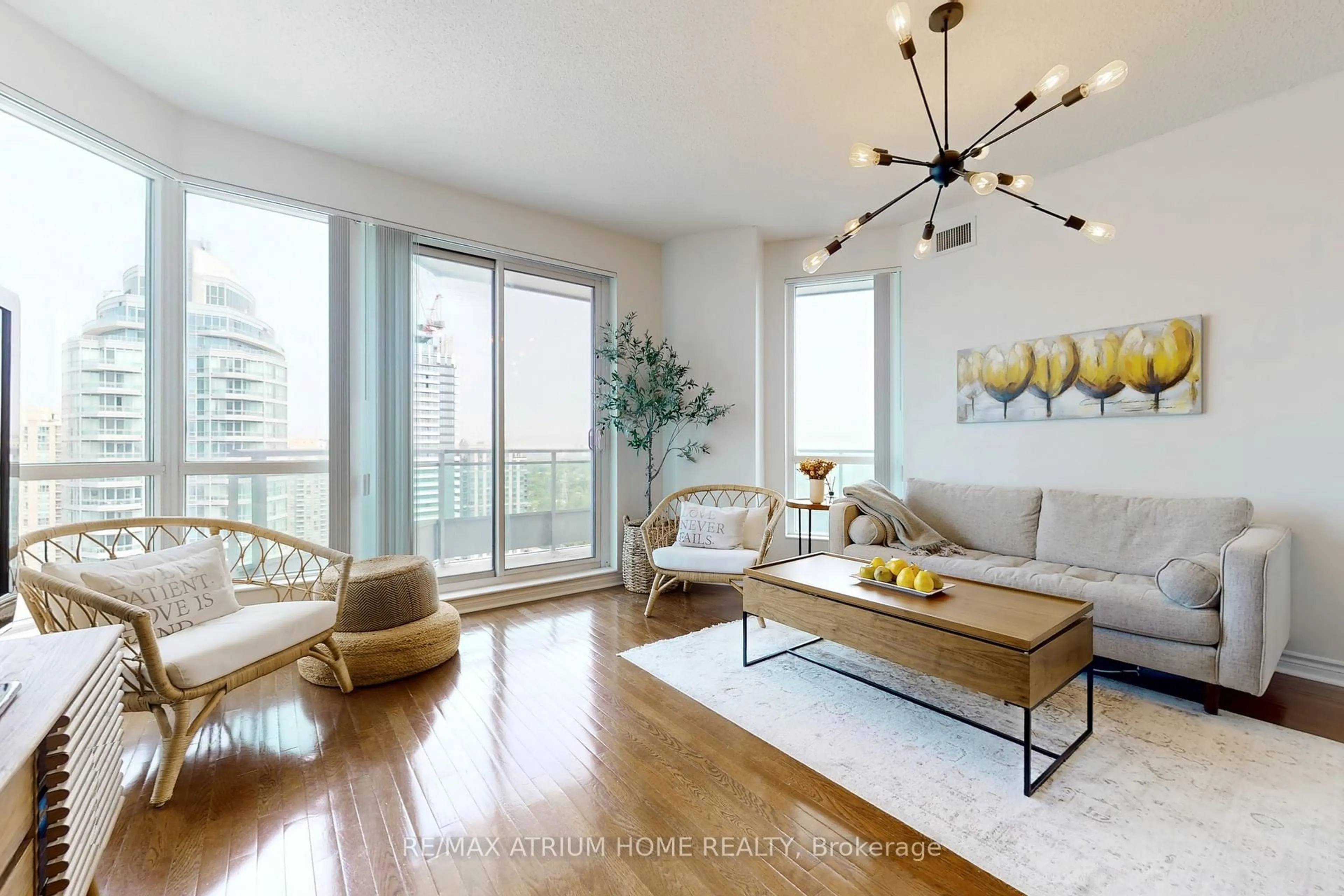Living room with furniture, wood/laminate floor for 60 Byng Ave #2305, Toronto Ontario M2N 3K3