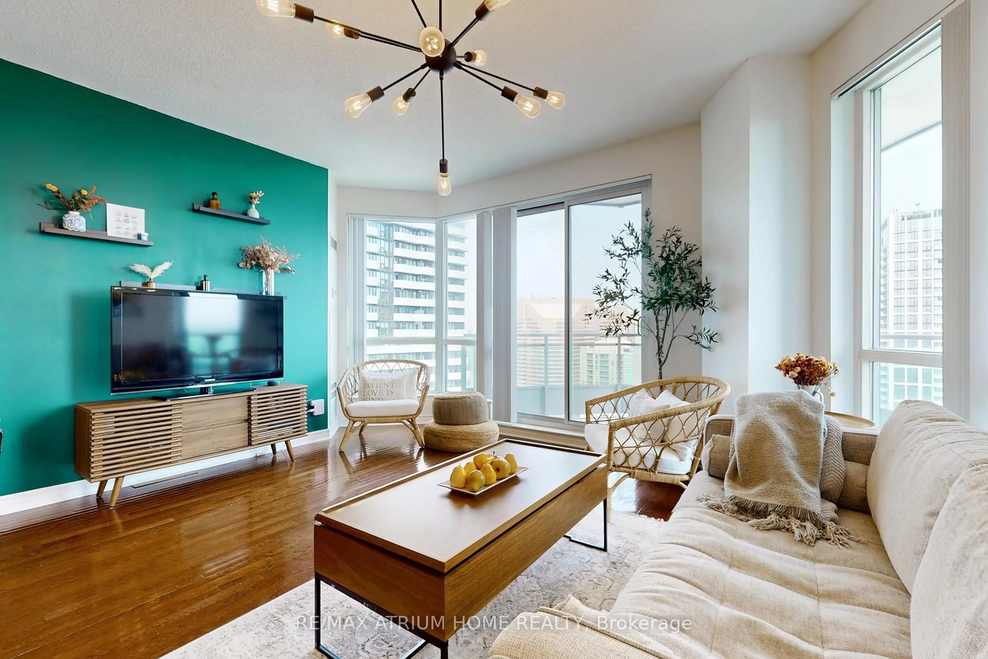 Living room with furniture, wood/laminate floor for 60 Byng Ave #2305, Toronto Ontario M2N 3K3