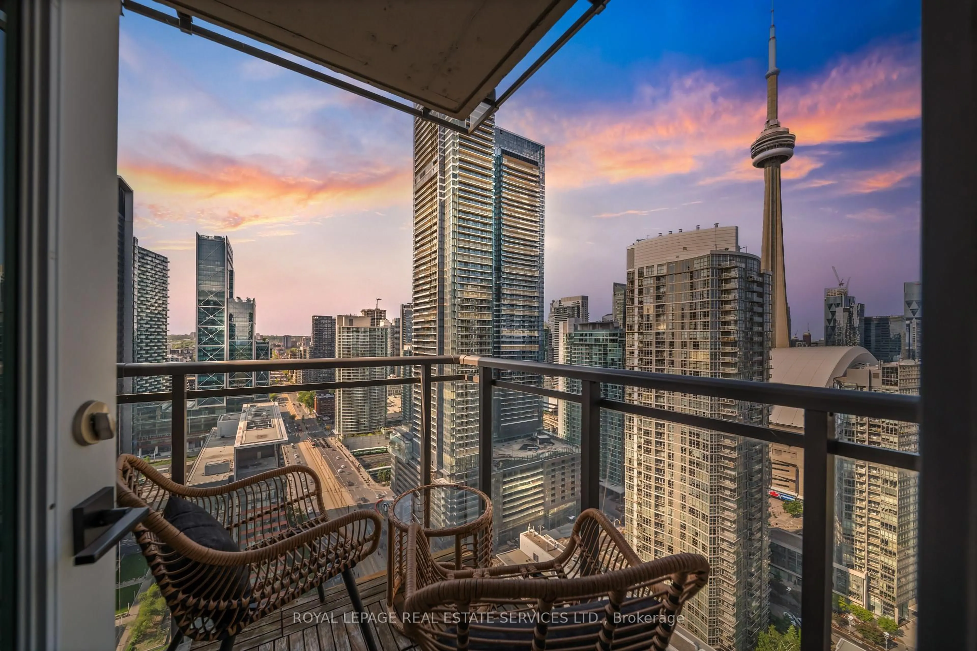 Patio, city buildings view from balcony for 11 Brunel Crt #3906, Toronto Ontario M5V 3Y3