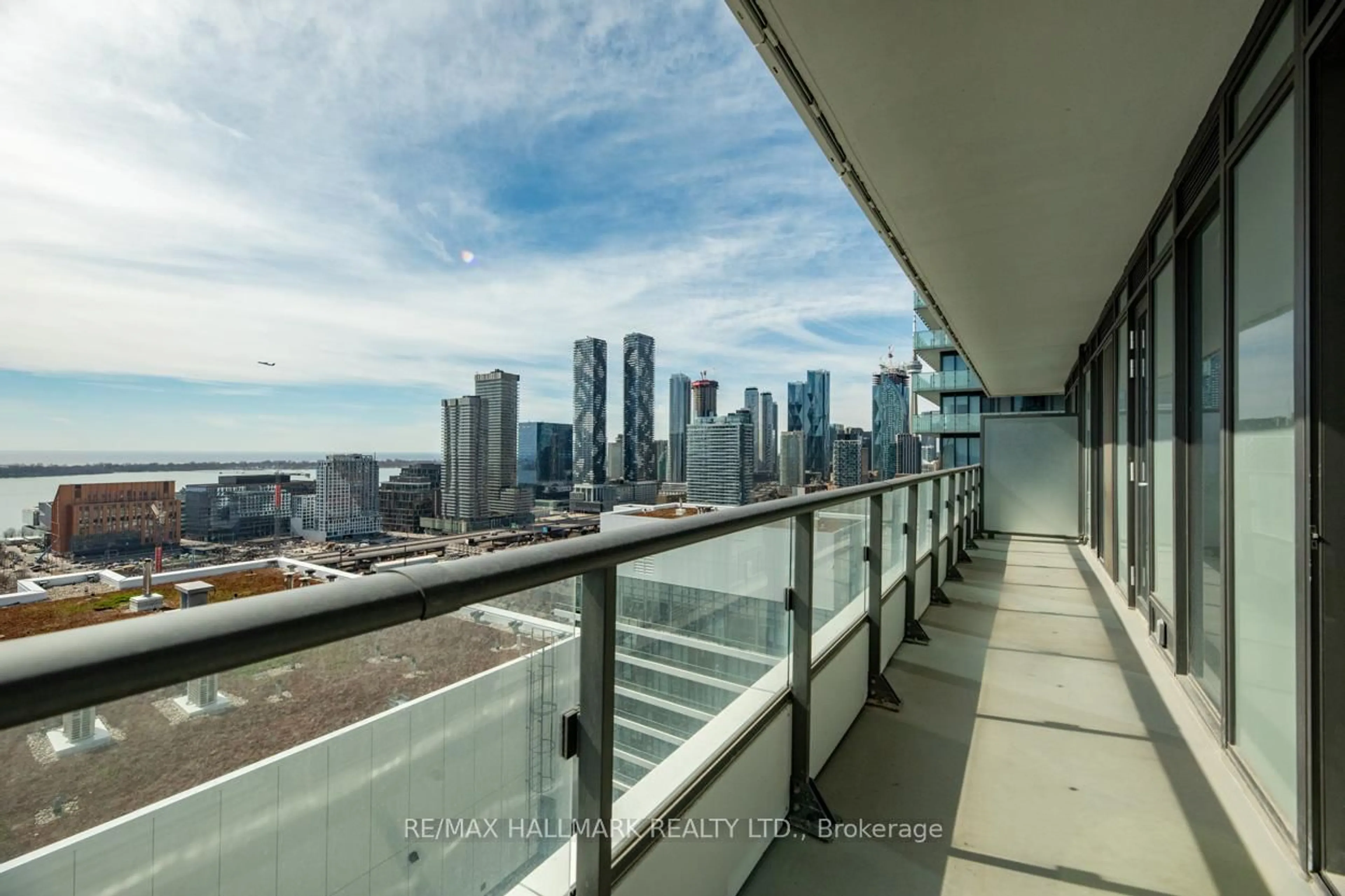 Balcony in the apartment, city buildings view from balcony for 70 Princess St #2408, Toronto Ontario M5A 0X6