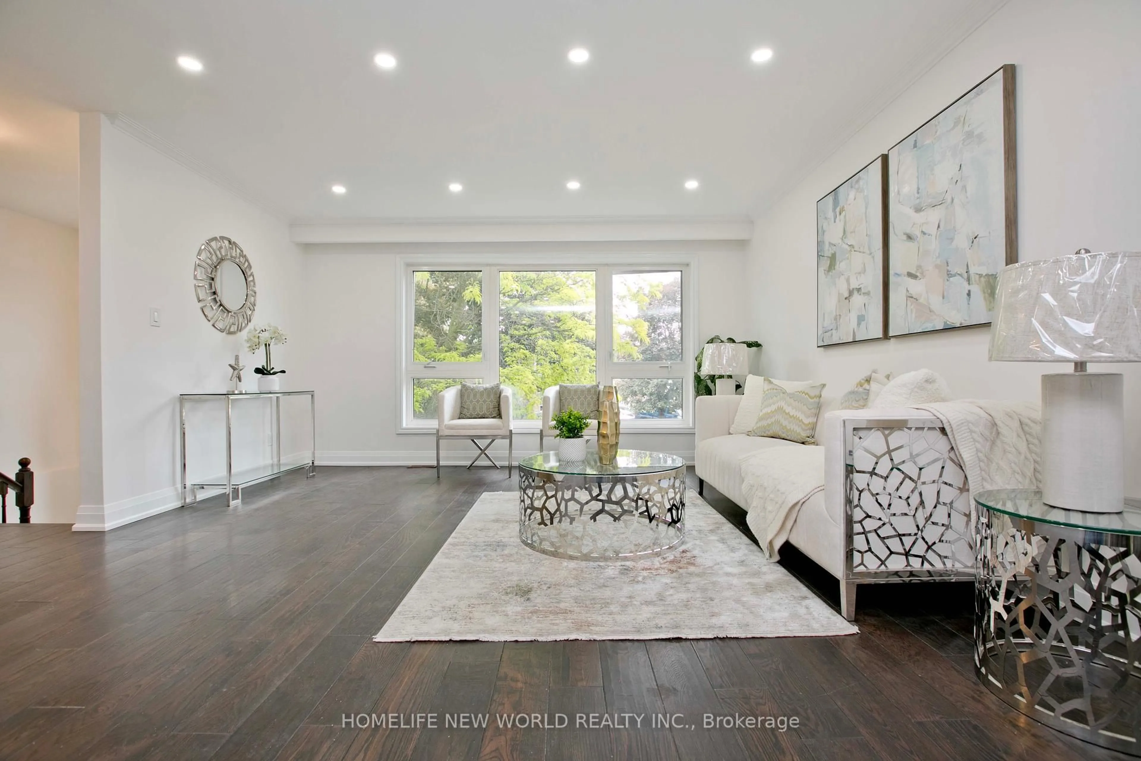 Living room with furniture, wood/laminate floor for 80 Chipwood Cres, Toronto Ontario M2J 3X7