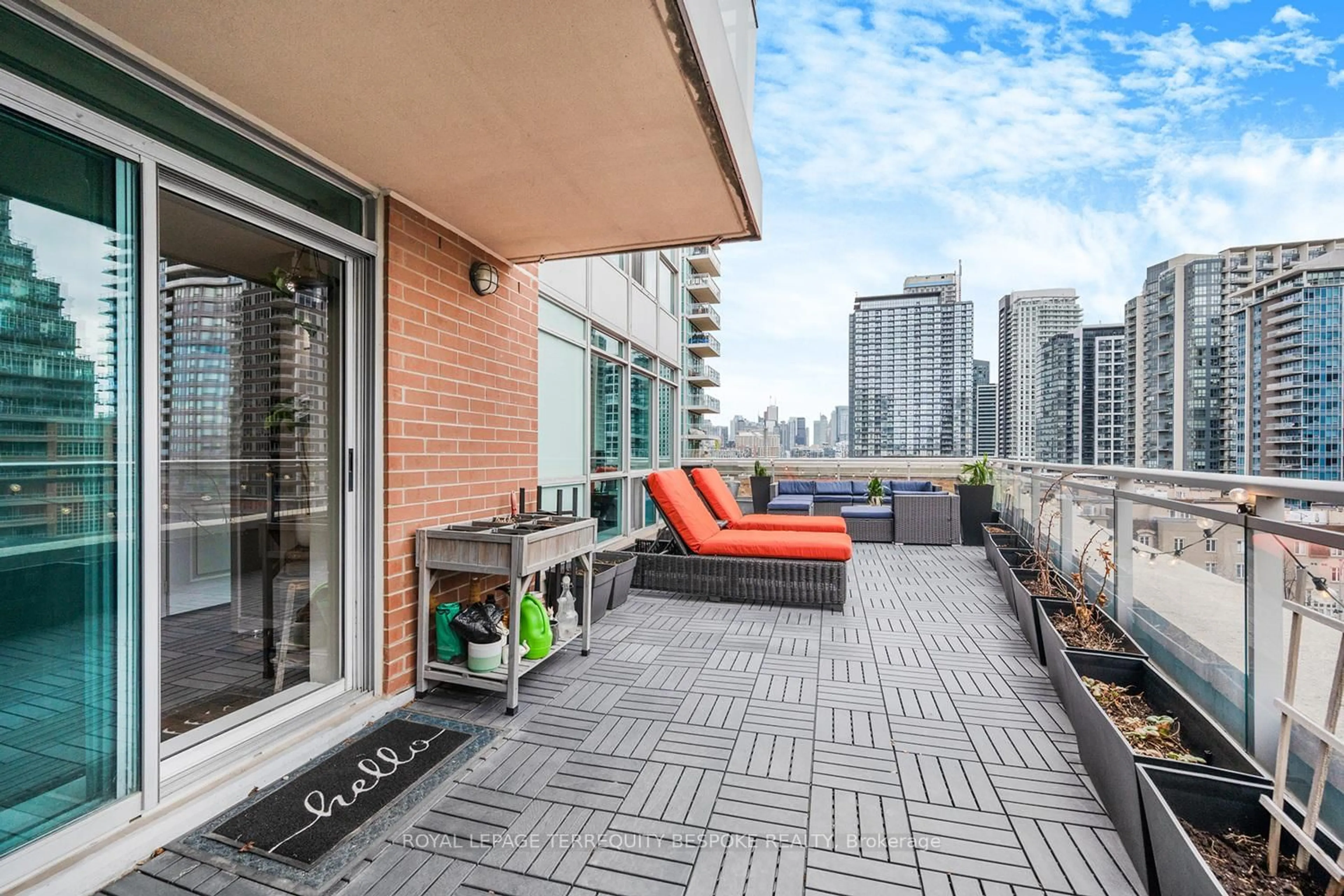 Patio, city buildings view from balcony for 50 Lynn Williams St #604, Toronto Ontario M6K 3R9
