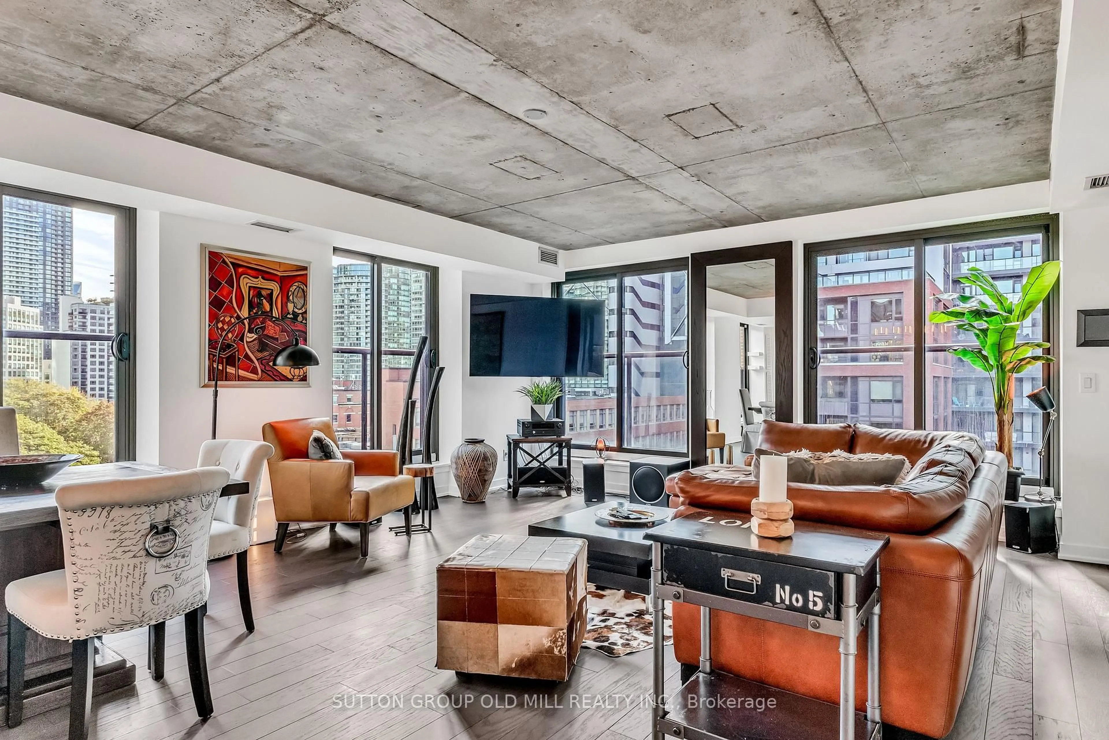 Living room with furniture, cement floor for 400 Wellington St #807, Toronto Ontario M5J 2N7