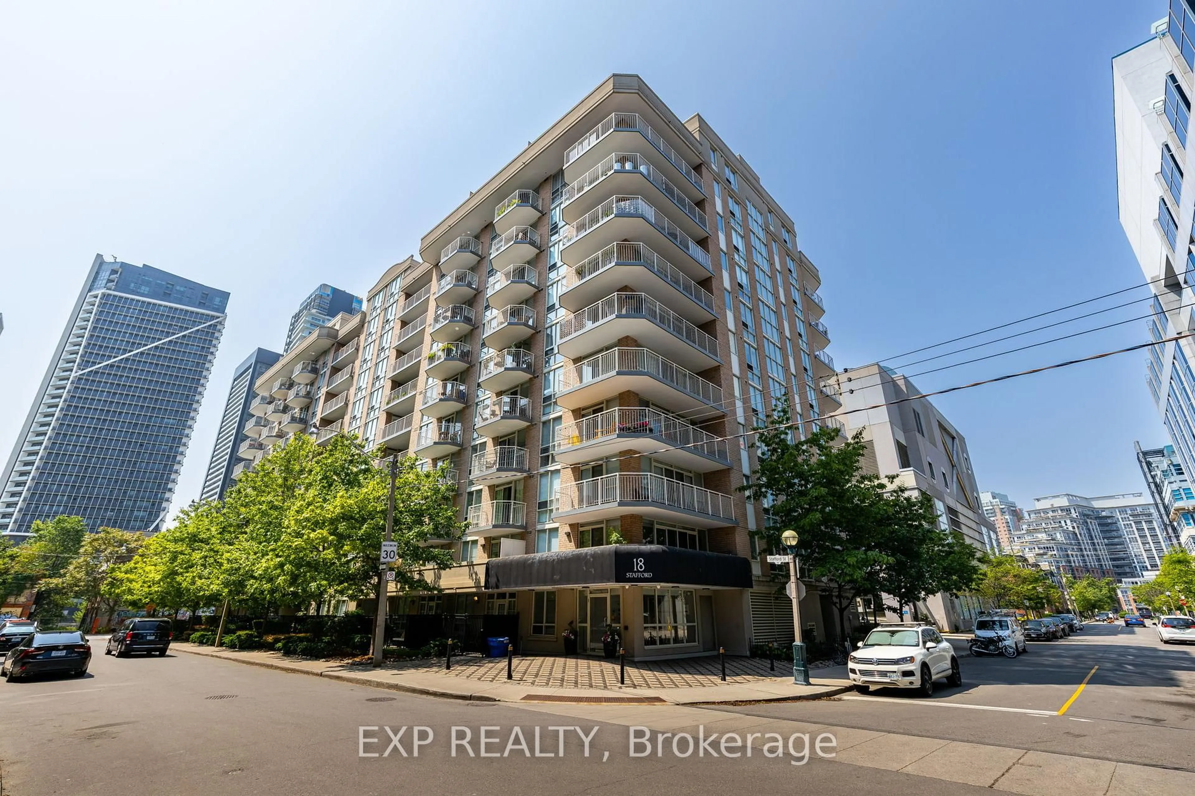 A pic from outside/outdoor area/front of a property/back of a property/a pic from drone, city buildings view from balcony for 18 Stafford St #704, Toronto Ontario M5V 3W4