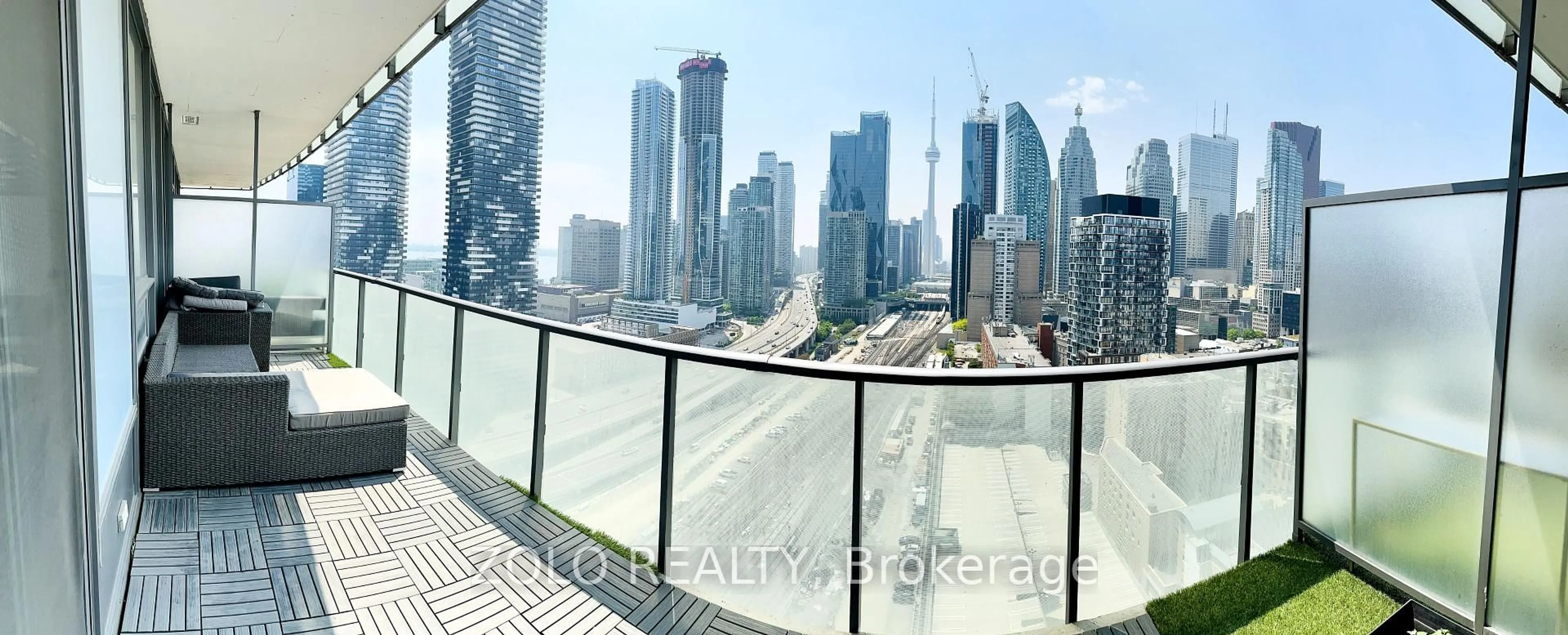 Balcony in the apartment, city buildings view from balcony for 1 Market St #2412, Toronto Ontario M5E 0A2