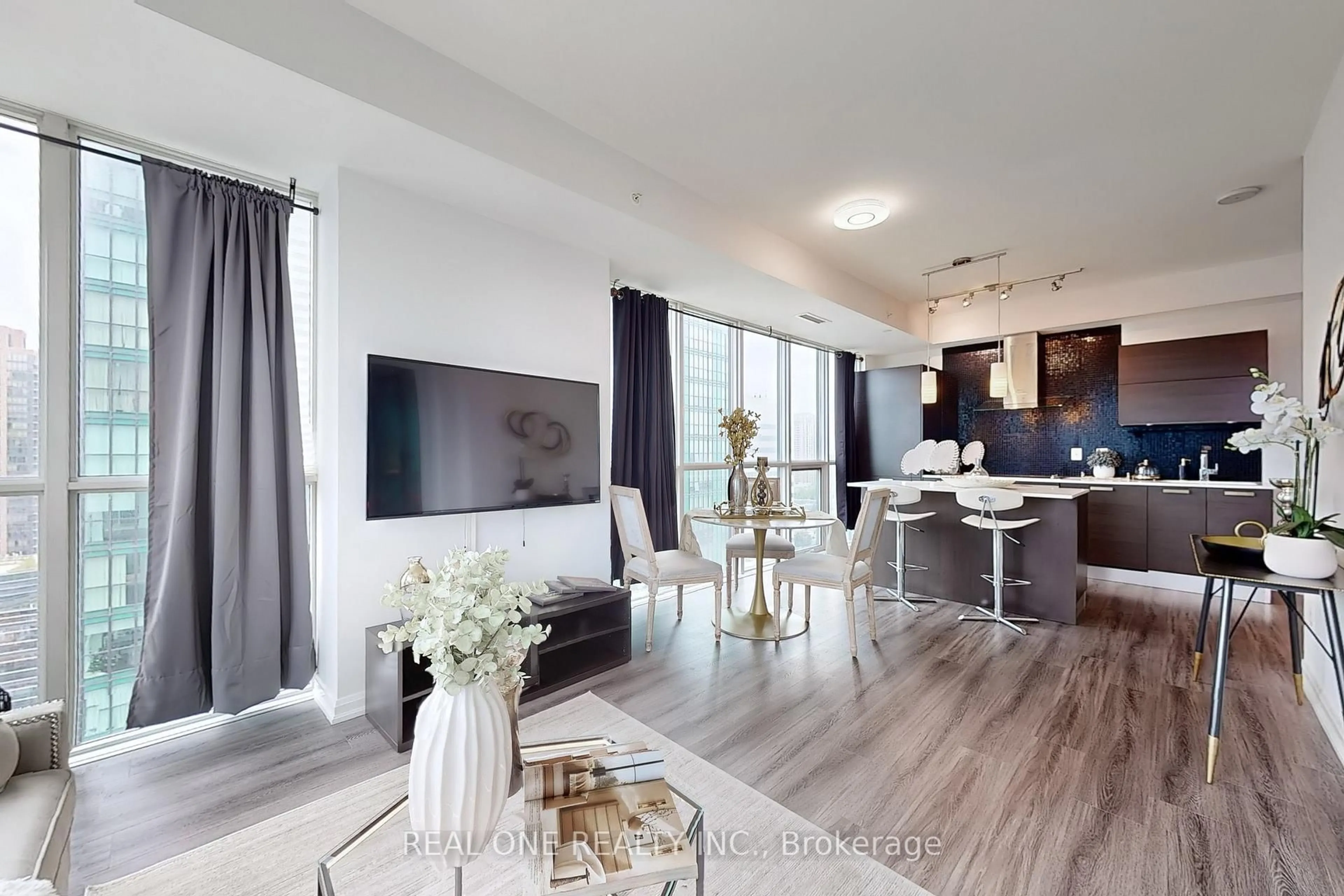 Living room with furniture, wood/laminate floor for 11 Bogert Ave #1508, Toronto Ontario M2N 0H4
