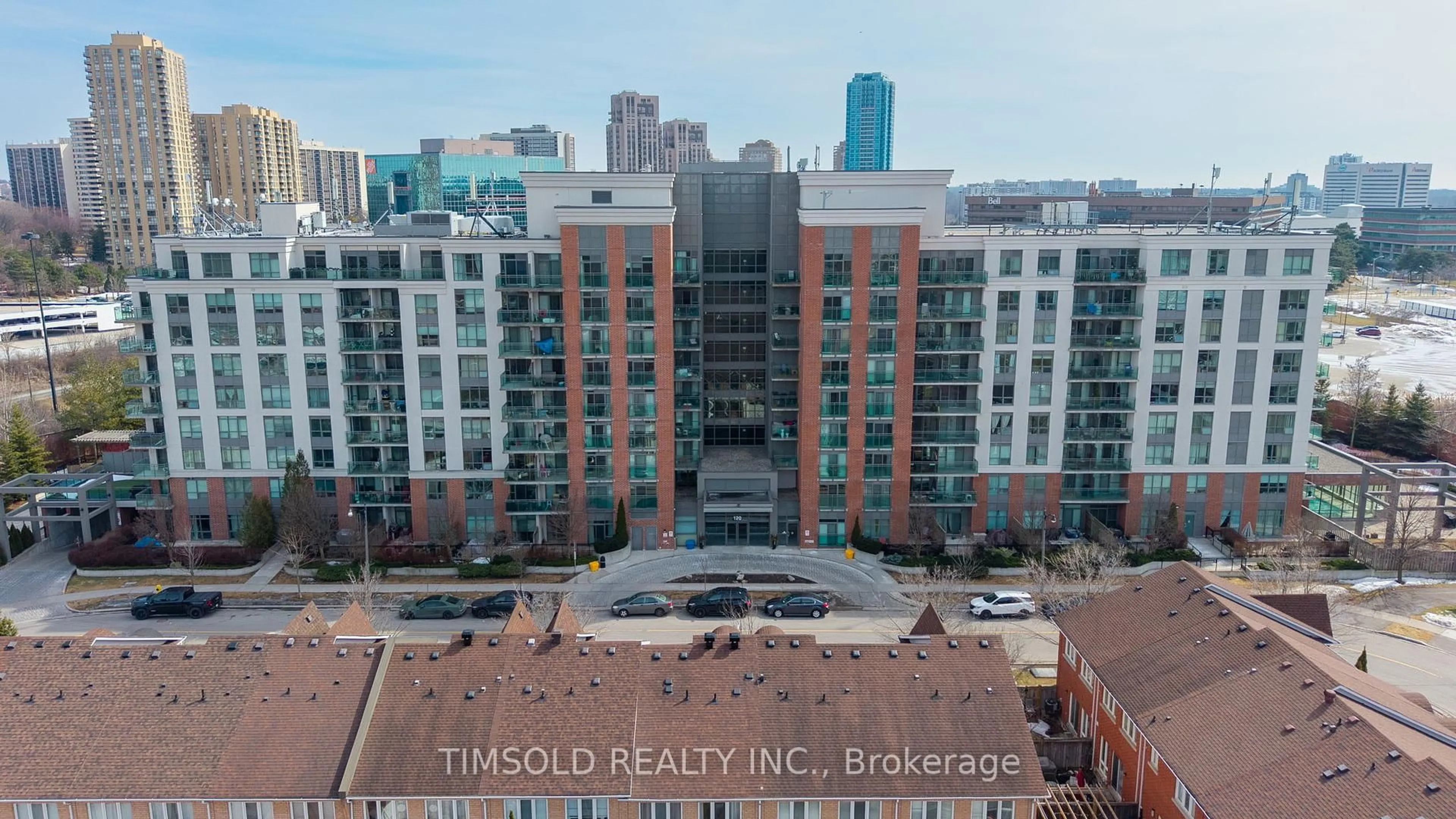 A pic from outside/outdoor area/front of a property/back of a property/a pic from drone, city buildings view from balcony for 120 Dallimore Circ #102, Toronto Ontario M3C 4J1