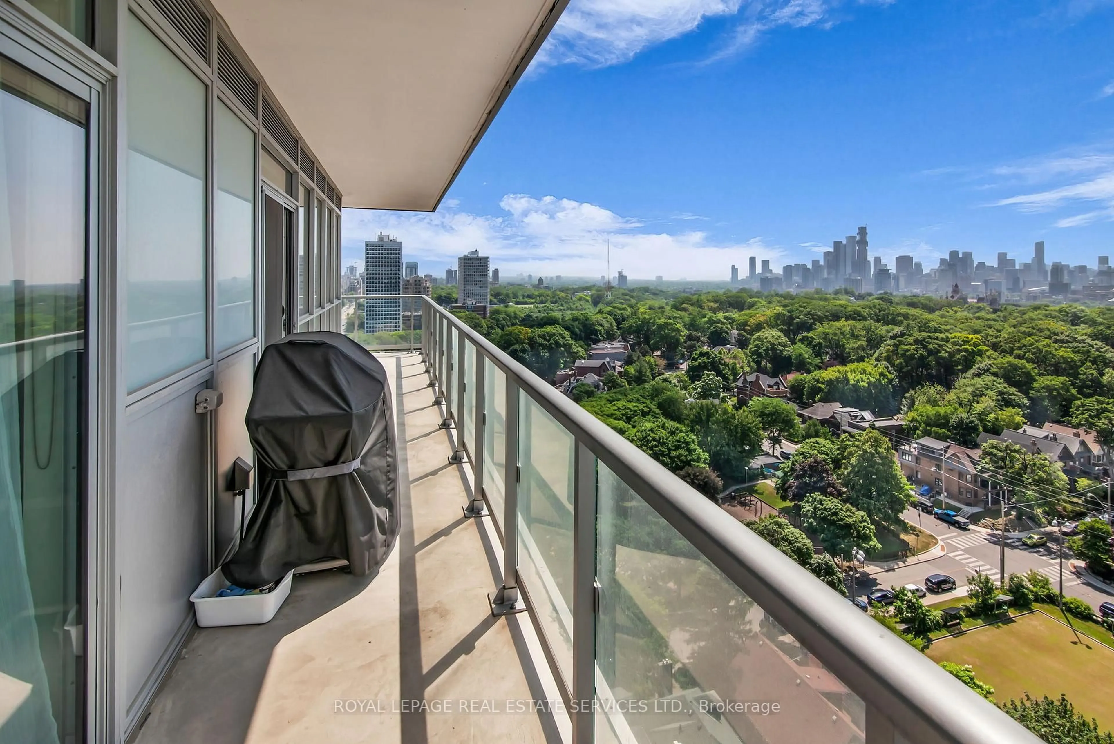 Balcony in the apartment, city buildings view from balcony for 501 St Clair Ave #1405, Toronto Ontario M5P 0A2