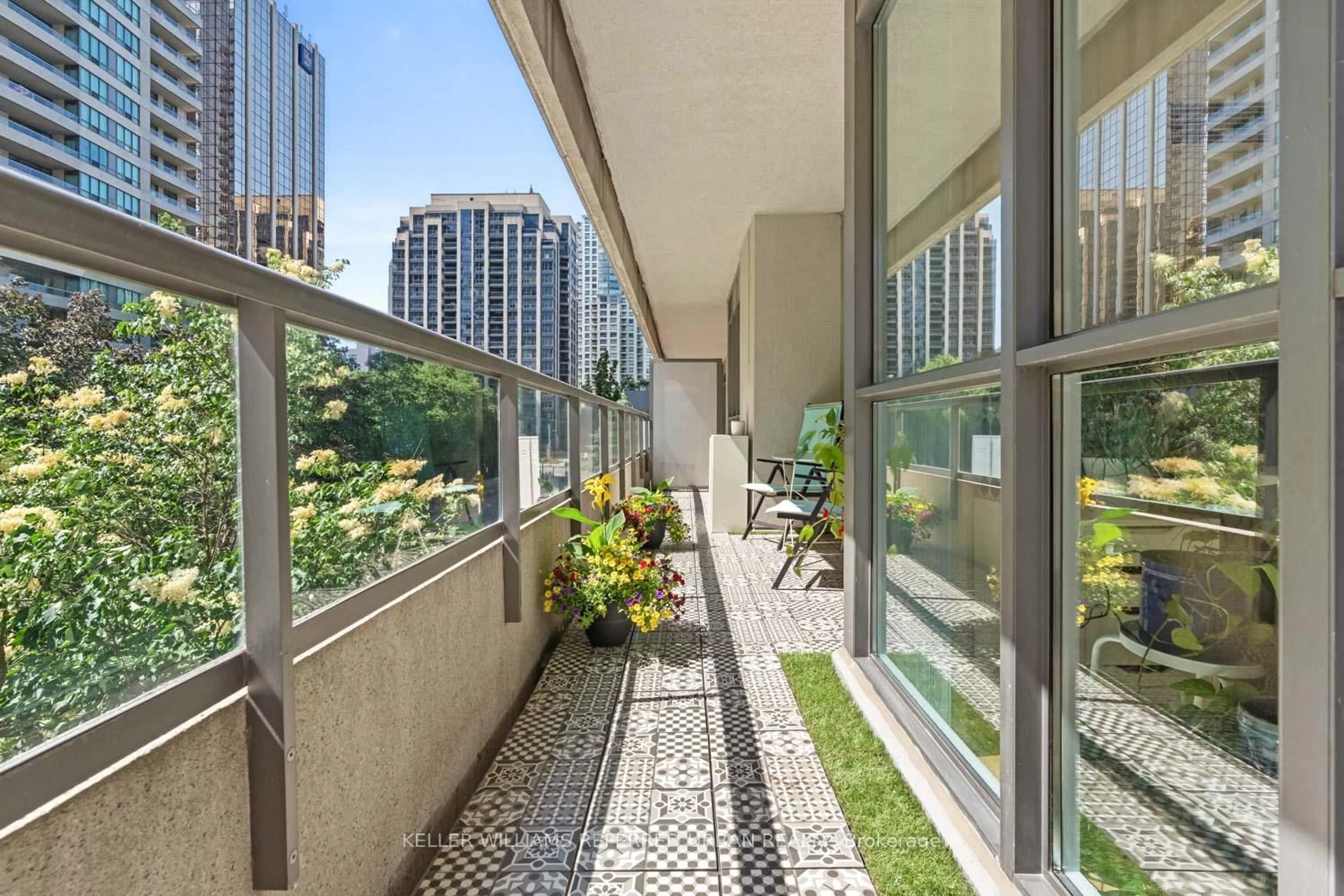 Patio, city buildings view from balcony for 35 Hollywood Ave #211, Toronto Ontario M2N 0A9
