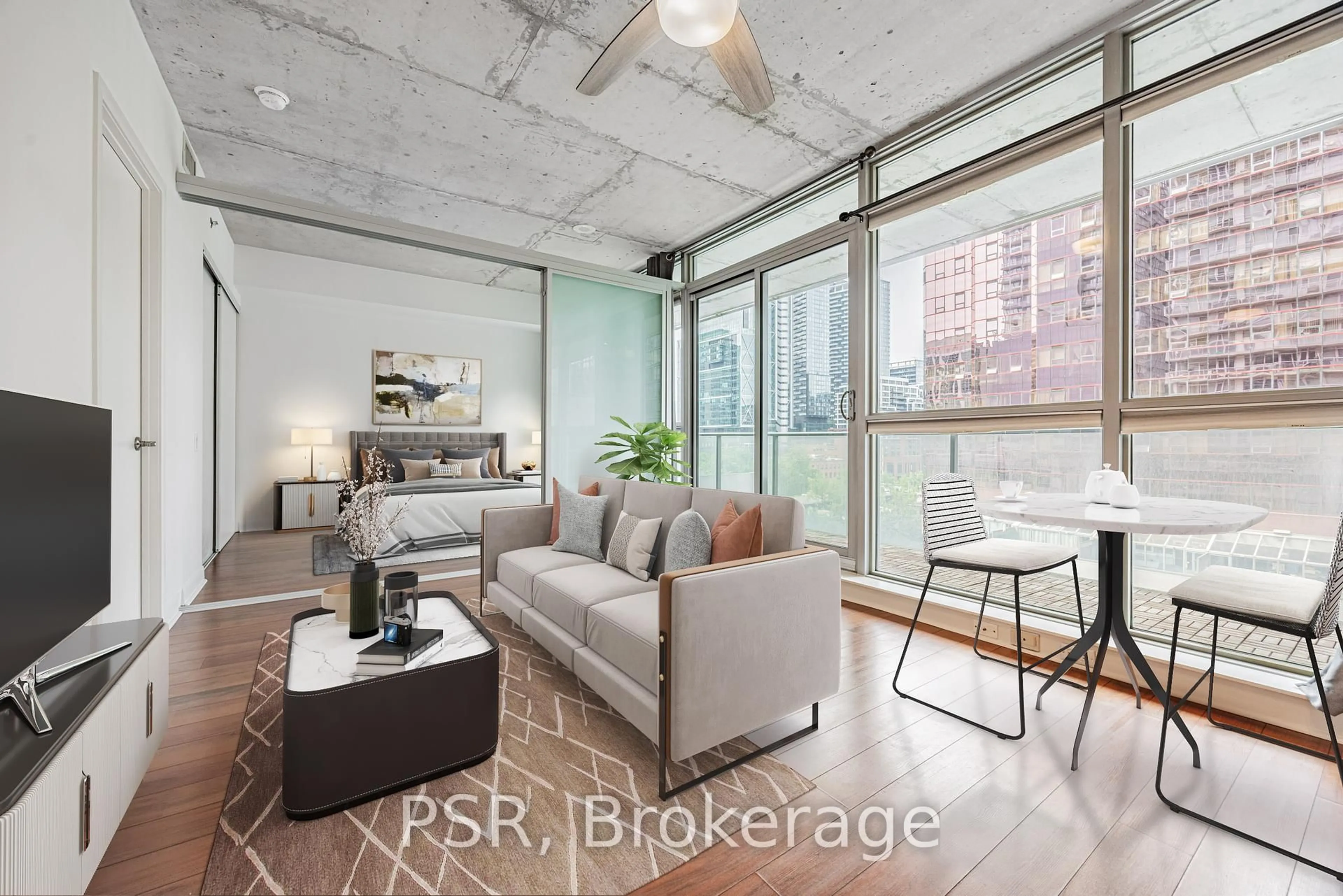 Living room with furniture, cement floor for 375 King St #701, Toronto Ontario M5V 1K5