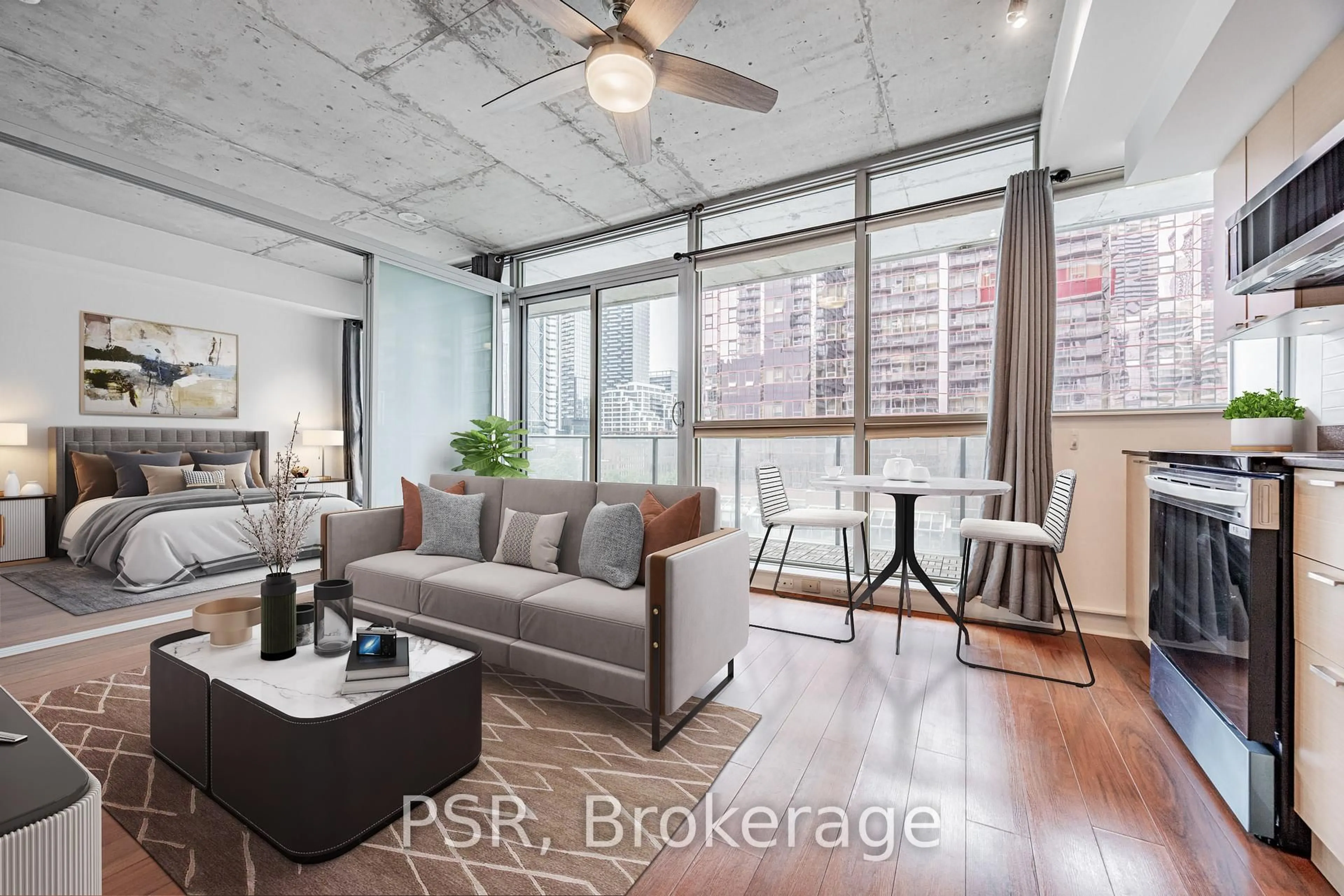 Living room with furniture, cement floor for 375 King St #701, Toronto Ontario M5V 1K5