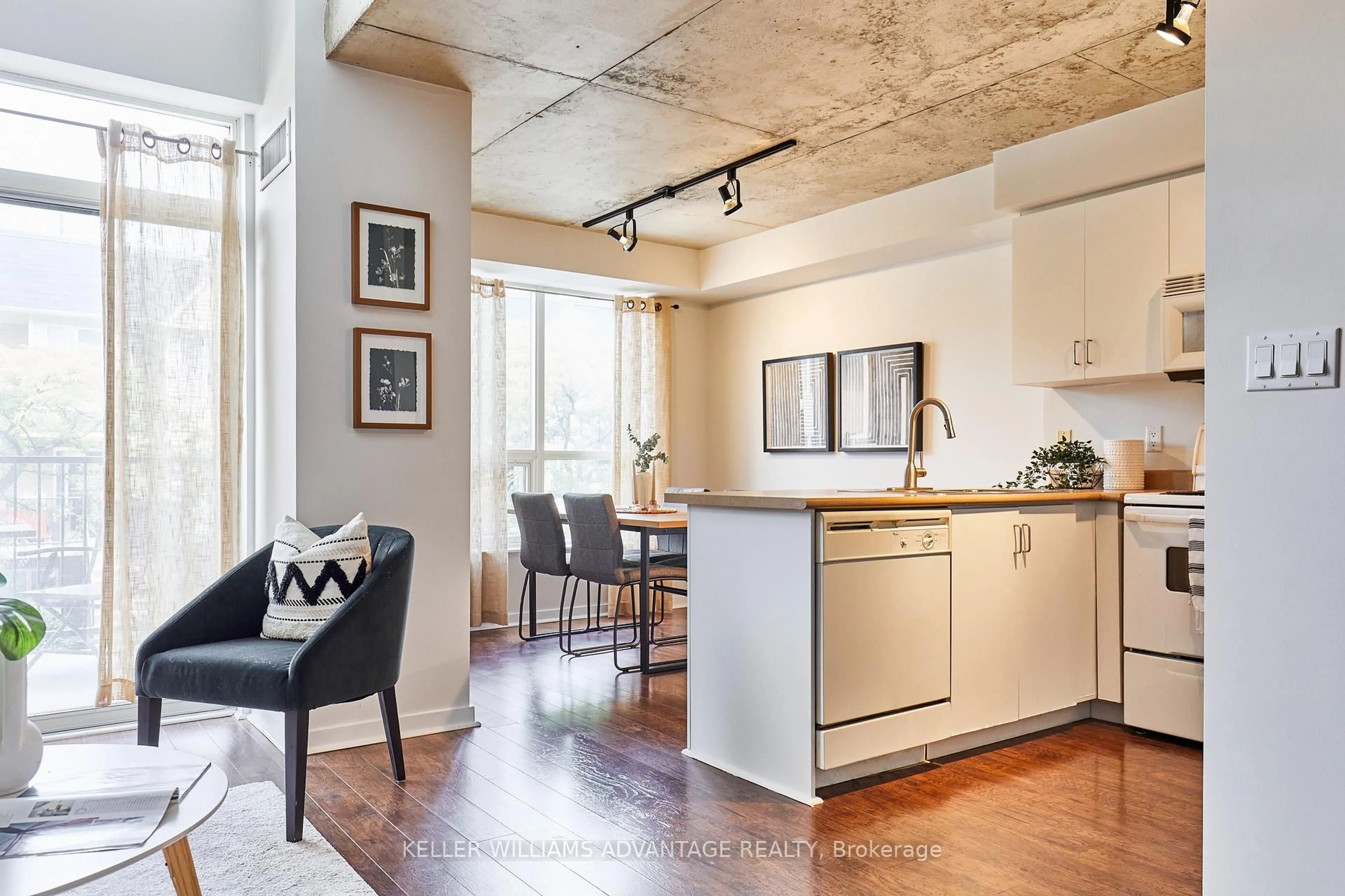 Open concept kitchen, cement floor for 800 King St #201, Toronto Ontario M5V 3M7
