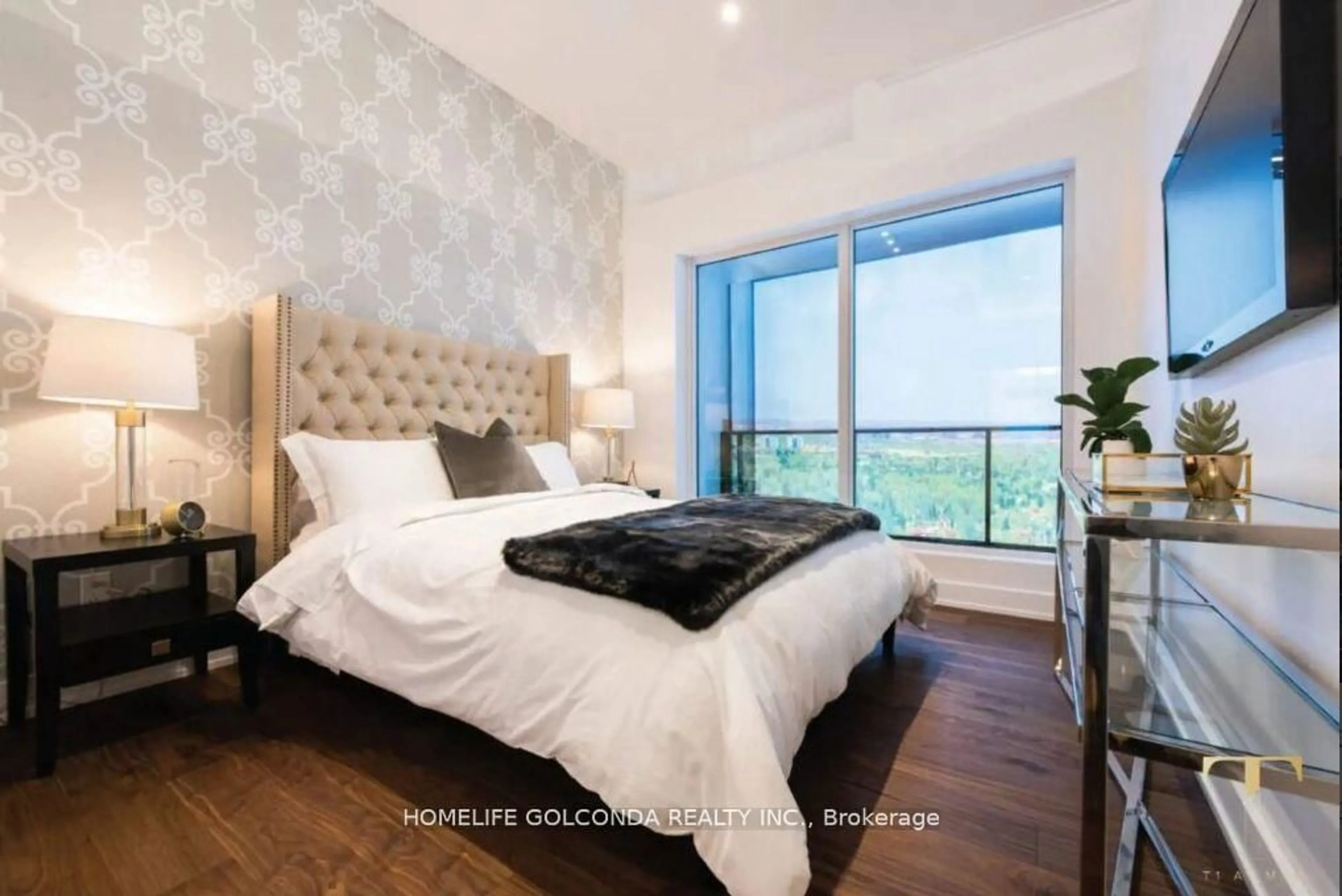 Bedroom with bed, wood/laminate floor for 7 Golden Lion Hts #N653, Toronto Ontario M2M 0C1
