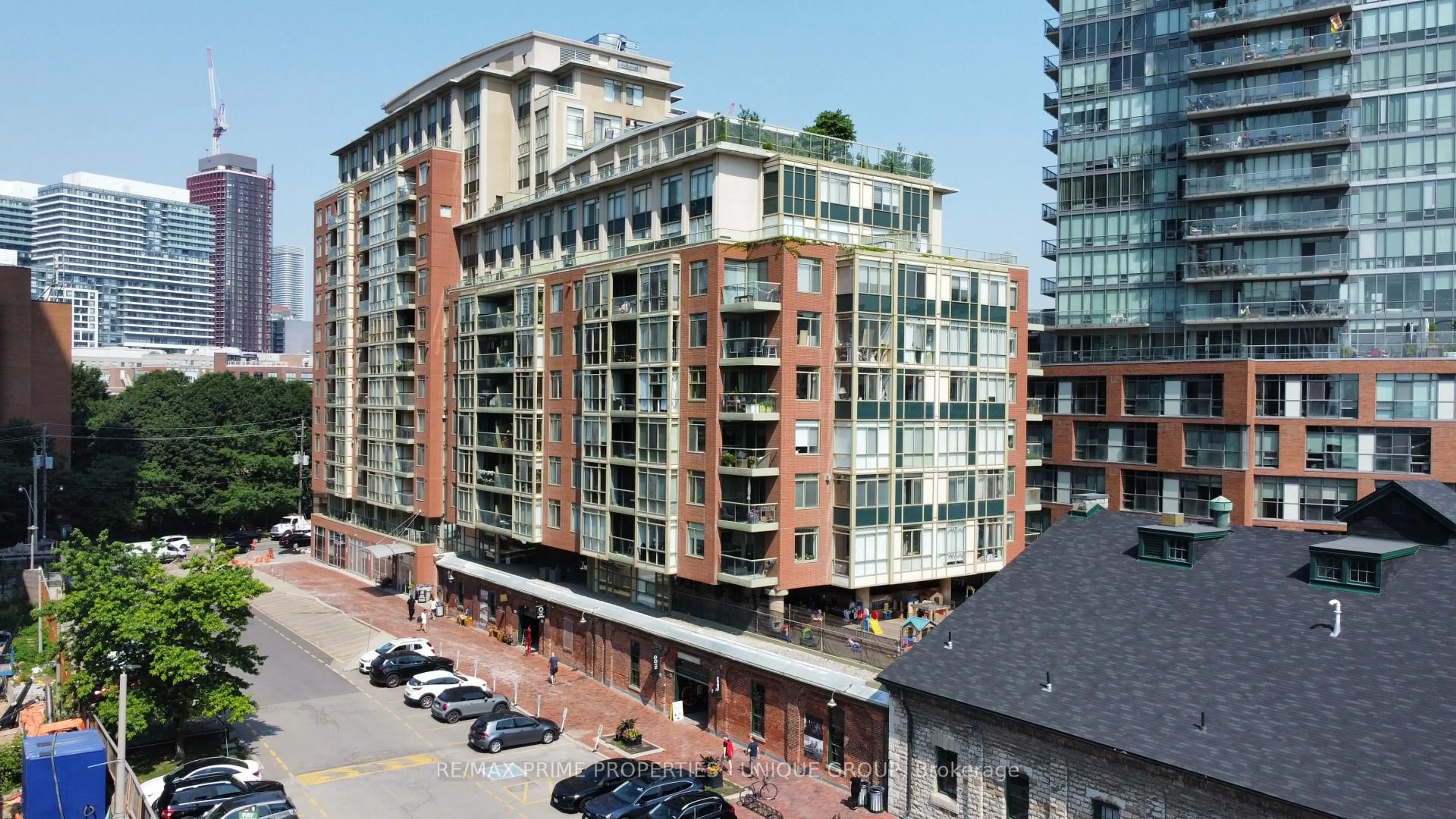 A pic from outside/outdoor area/front of a property/back of a property/a pic from drone, city buildings view from balcony for 39 Parliament St #314, Toronto Ontario M5A 4R2
