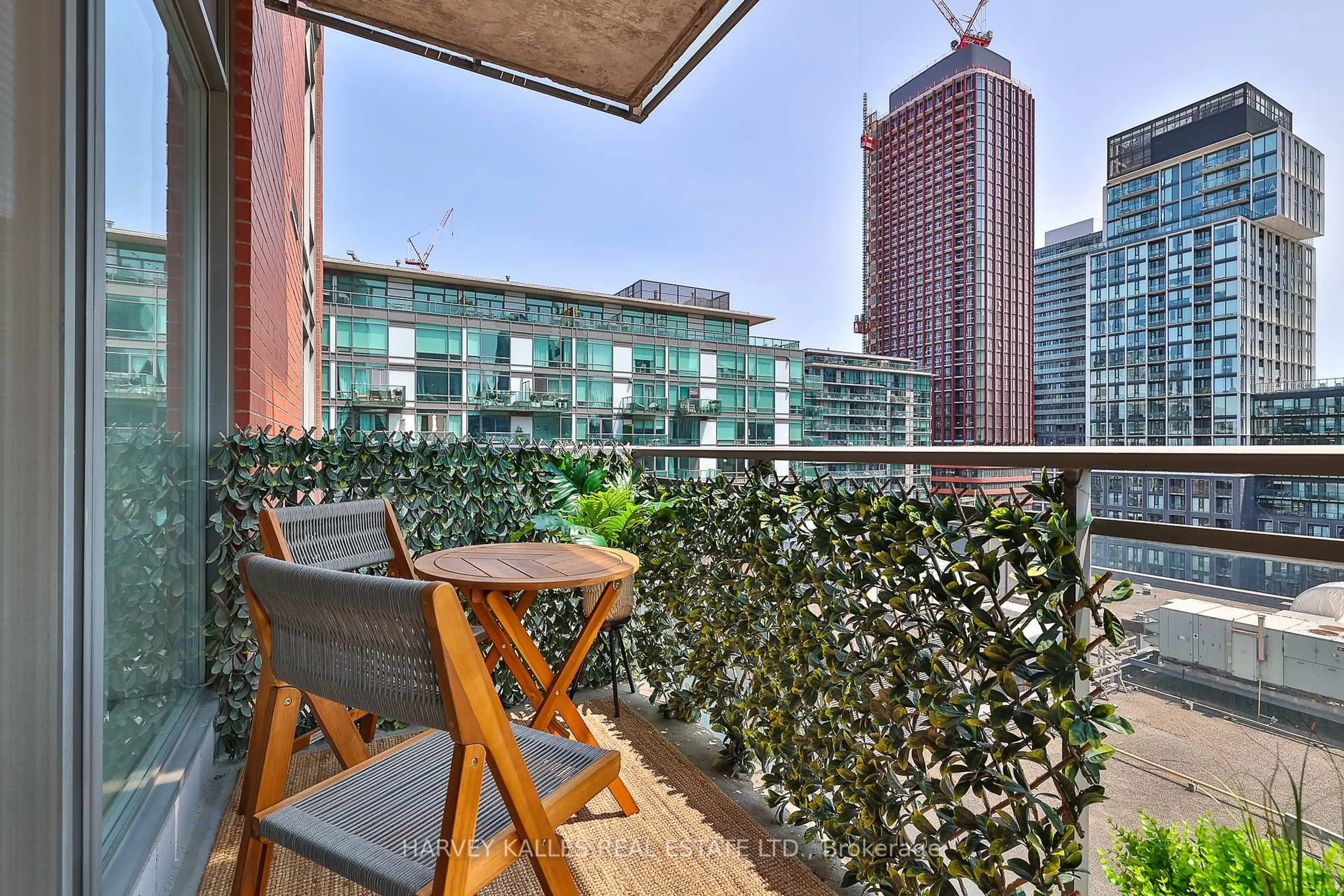 Balcony in the apartment, city buildings view from balcony for 205 Frederick St #1201, Toronto Ontario M5A 4V3