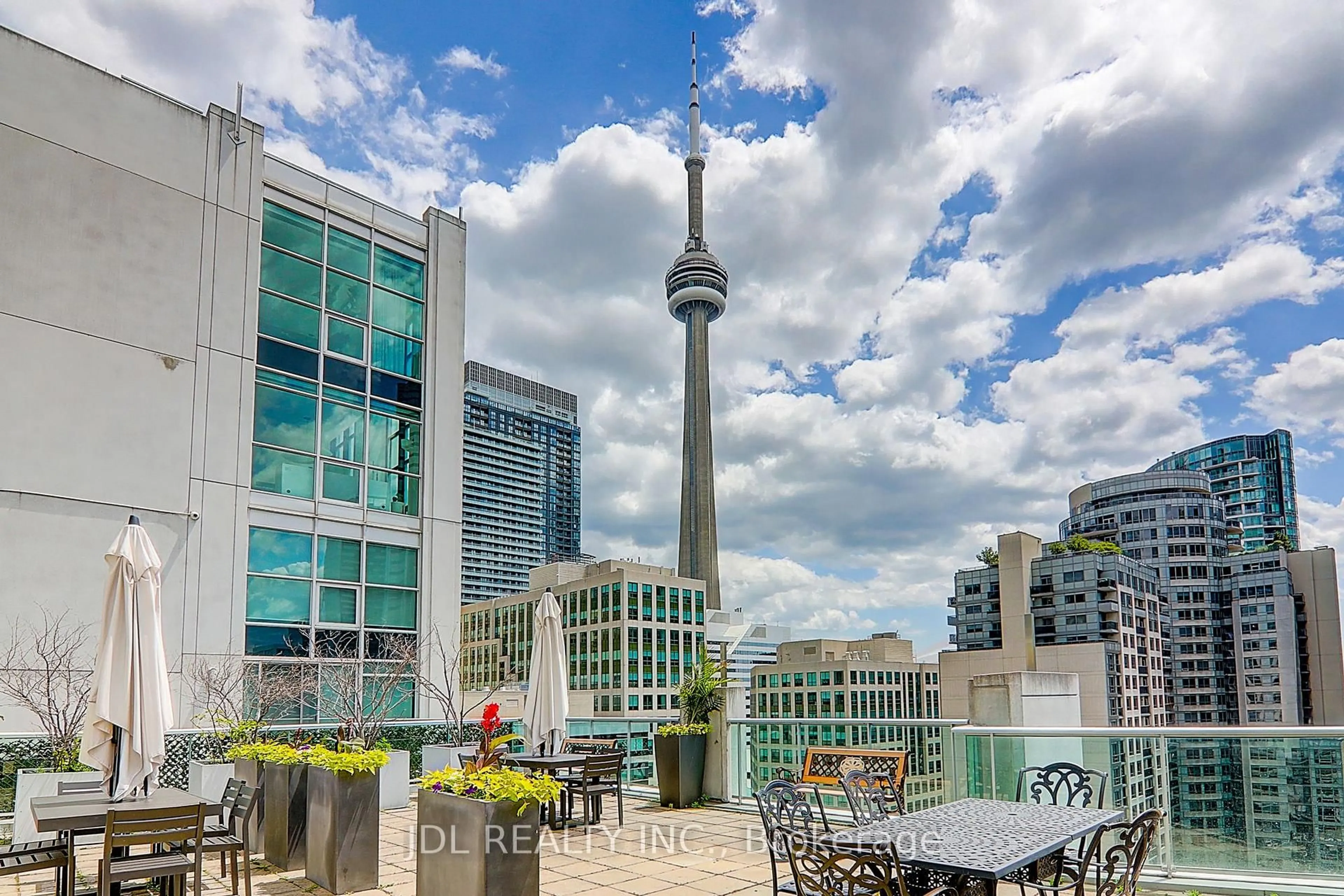 Patio, city buildings view from balcony for 36 Blue Jays Way #610, Toronto Ontario M5V 3T3