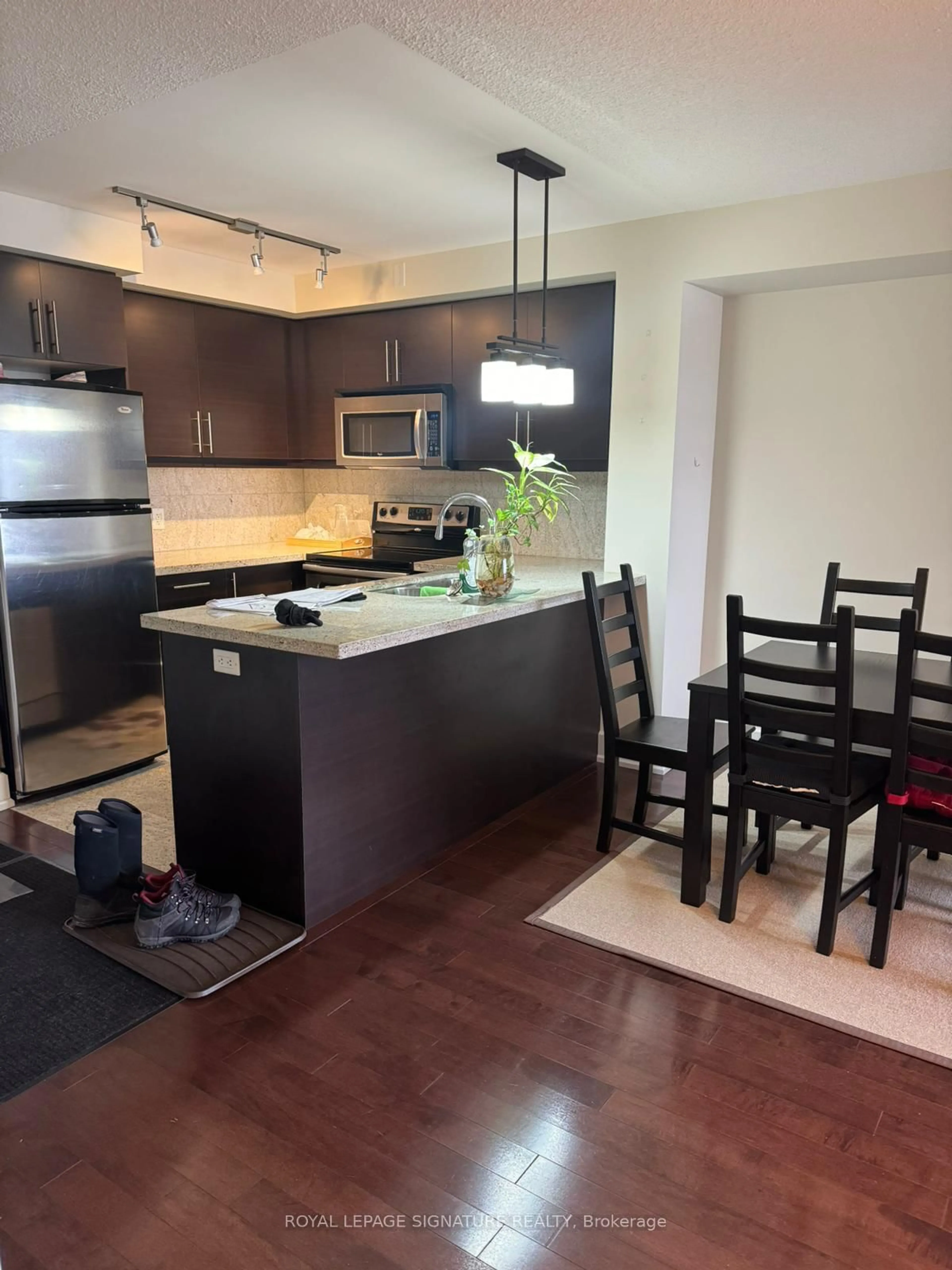 Open concept kitchen, wood/laminate floor for 676 Sheppard Ave #416, Toronto Ontario M2K 3E7