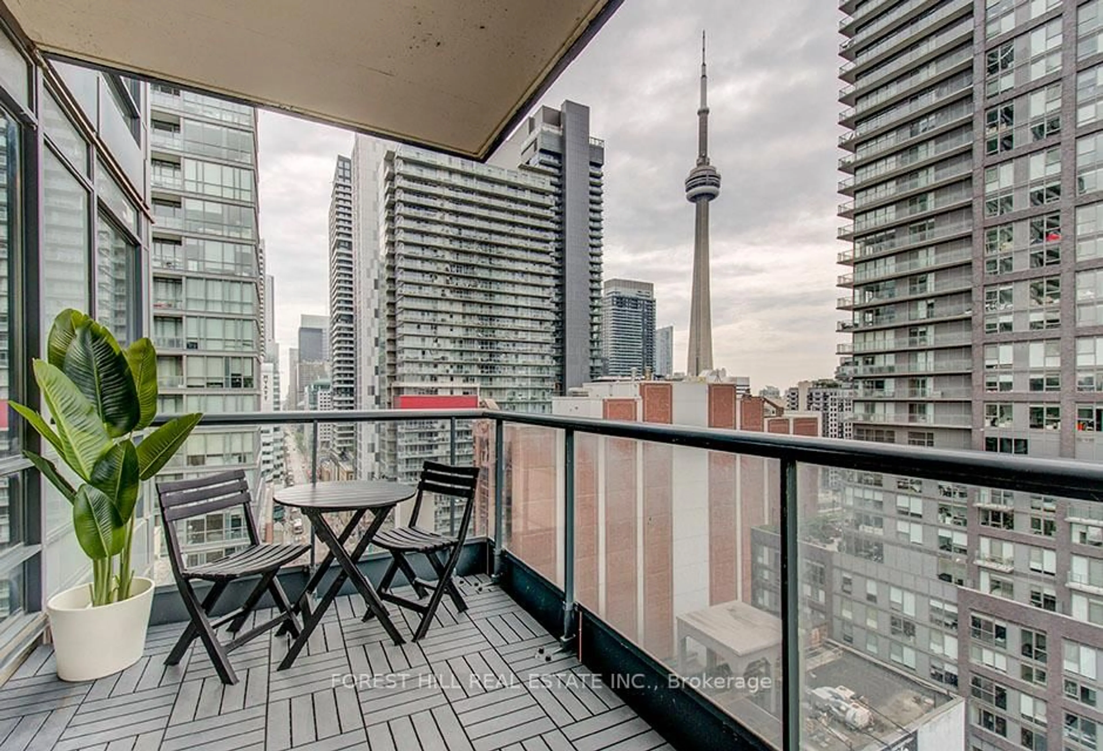 Balcony in the apartment, city buildings view from balcony for 438 King St #1708, Toronto Ontario M5V 3T9