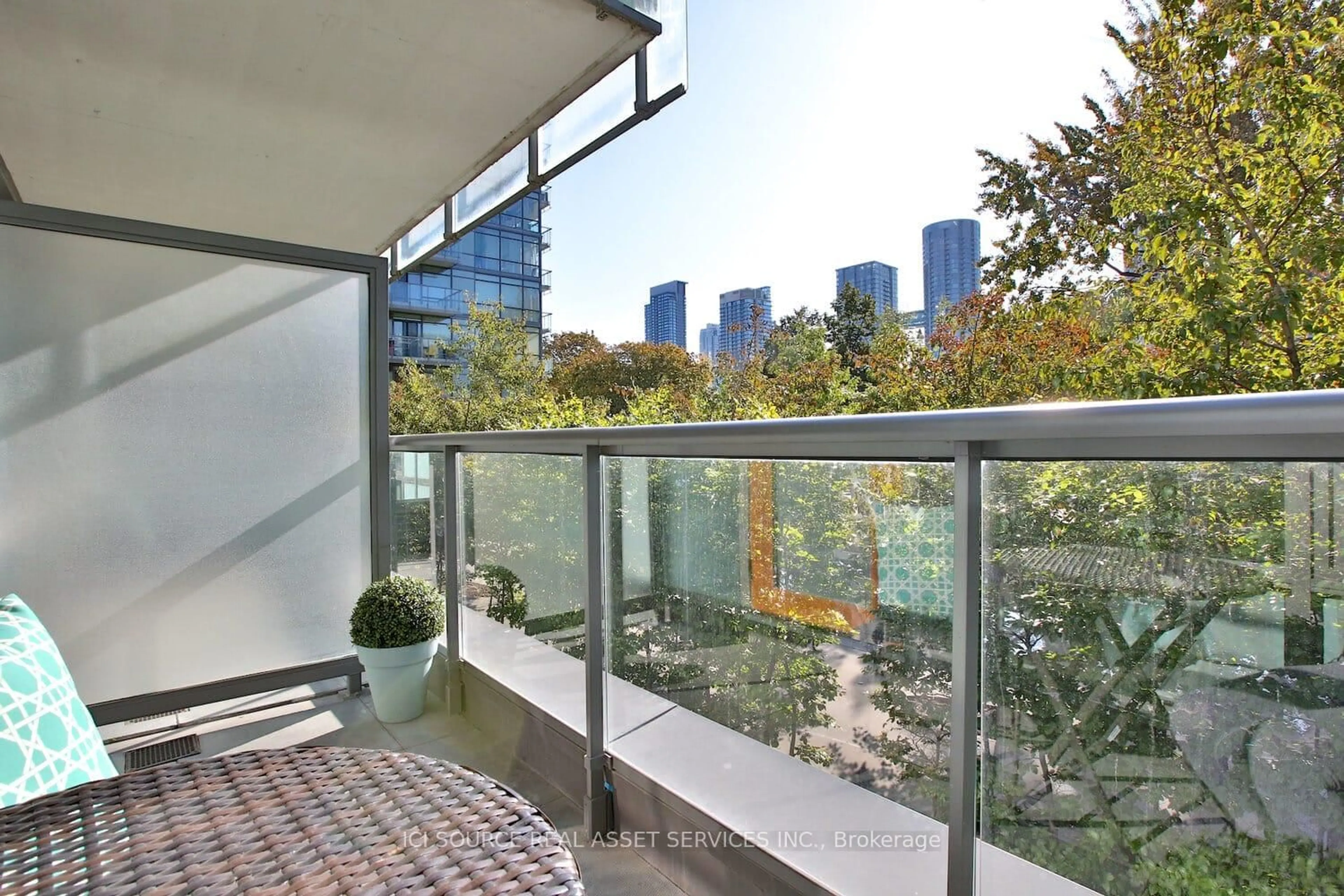 Balcony in the apartment, city buildings view from balcony for 55 Stewart St #123, Toronto Ontario M5V 2V1