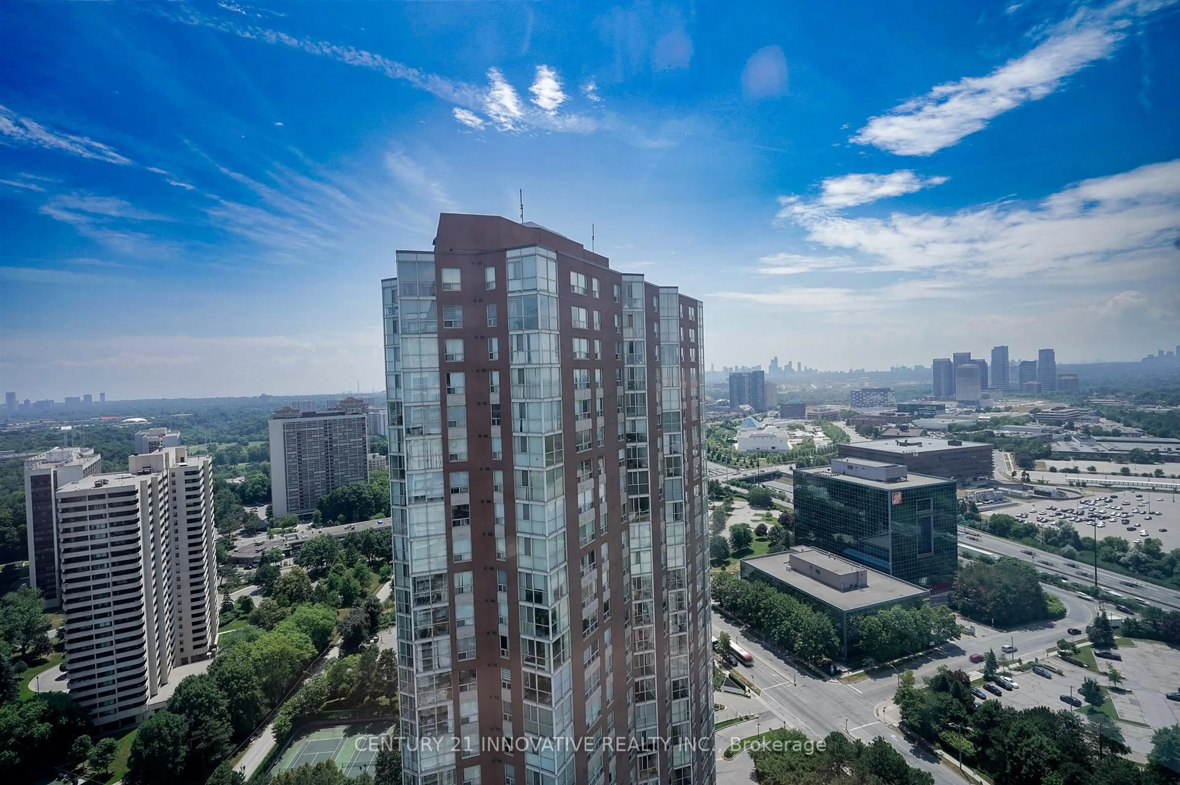 A pic from outside/outdoor area/front of a property/back of a property/a pic from drone, city buildings view from balcony for 7 Concorde Pl #3404, Toronto Ontario M3C 3N4