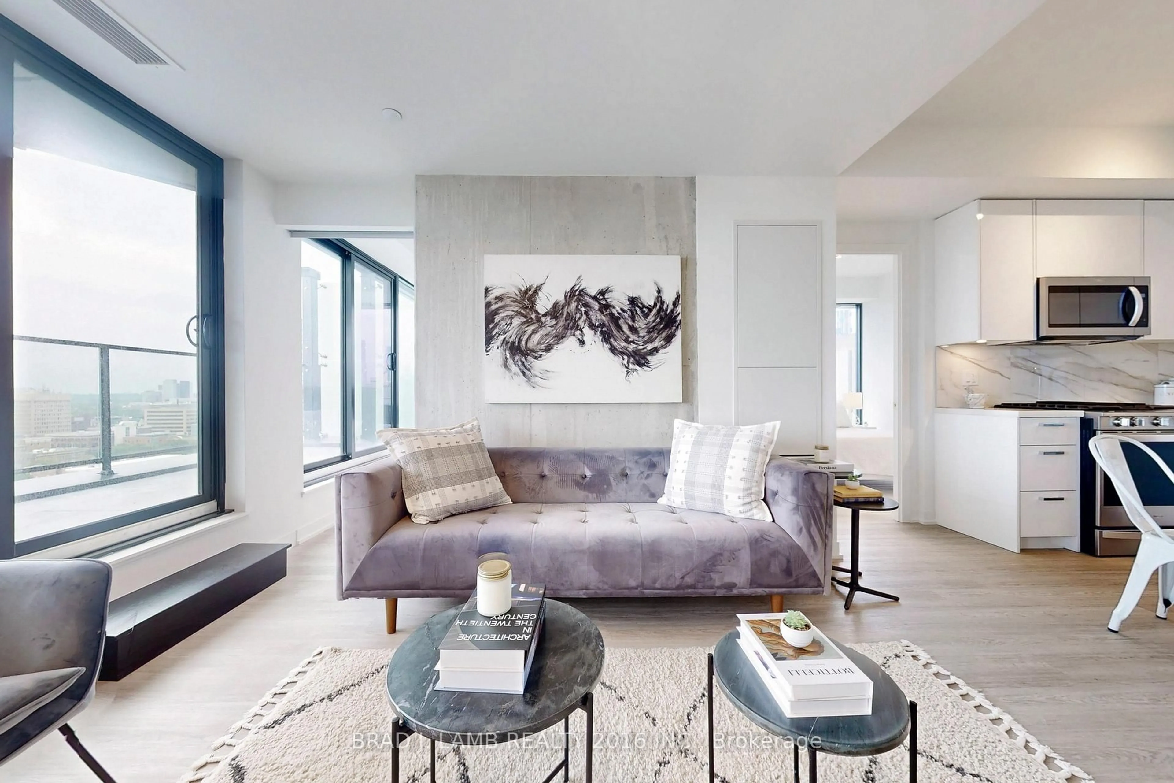 Living room with furniture, cement floor for 195 McCaul St #1801, Toronto Ontario M5T 0E5