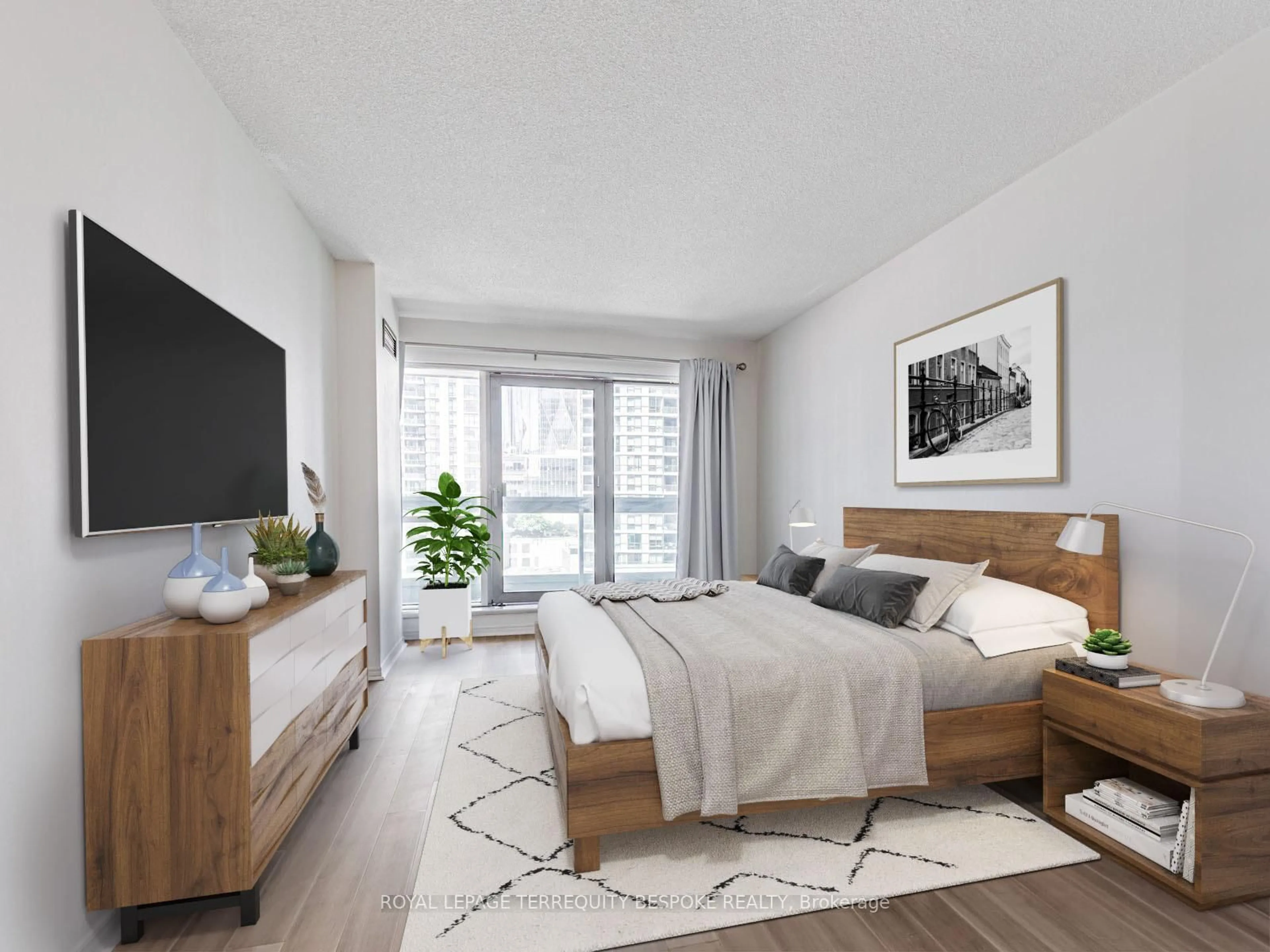 Bedroom with bed, wood/laminate floor for 10 Queens Quay #811, Toronto Ontario M5J 2R9