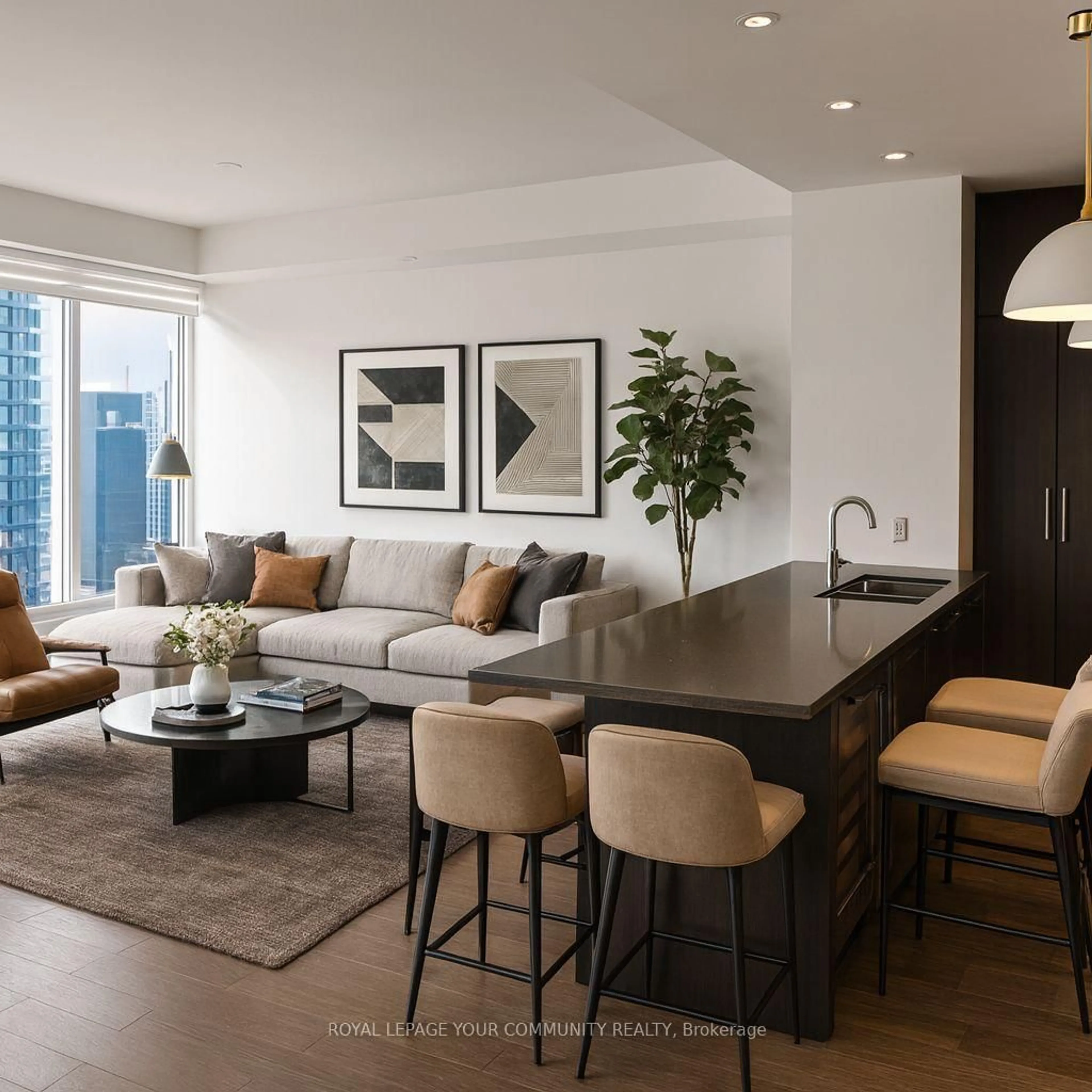 Living room with furniture, wood/laminate floor for 10 York St #6402, Toronto Ontario M5J 2Z2