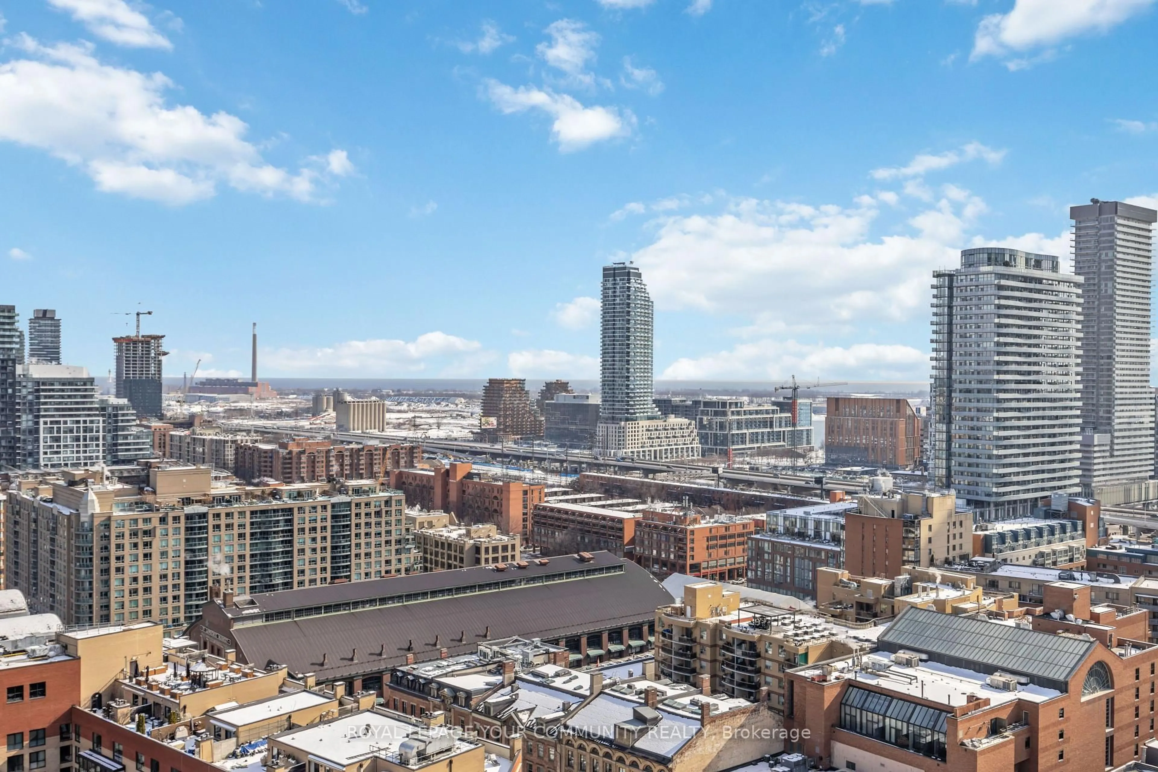 A pic from outside/outdoor area/front of a property/back of a property/a pic from drone, city buildings view from balcony for 60 Colborne St #2104, Toronto Ontario M5E 1E3