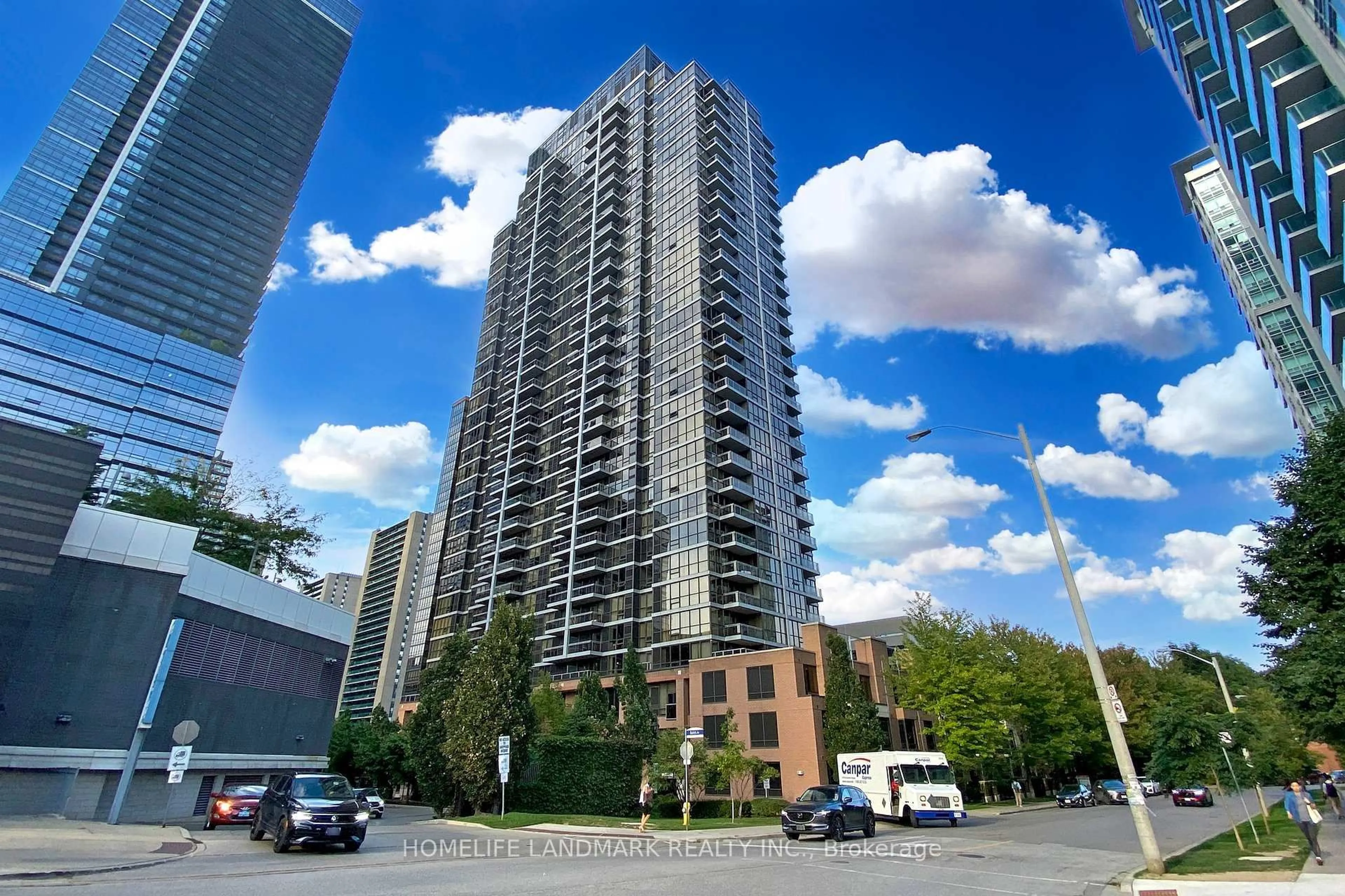 Patio, city buildings view from balcony for 23 Sheppard Ave #2706, Toronto Ontario M2N 0C8