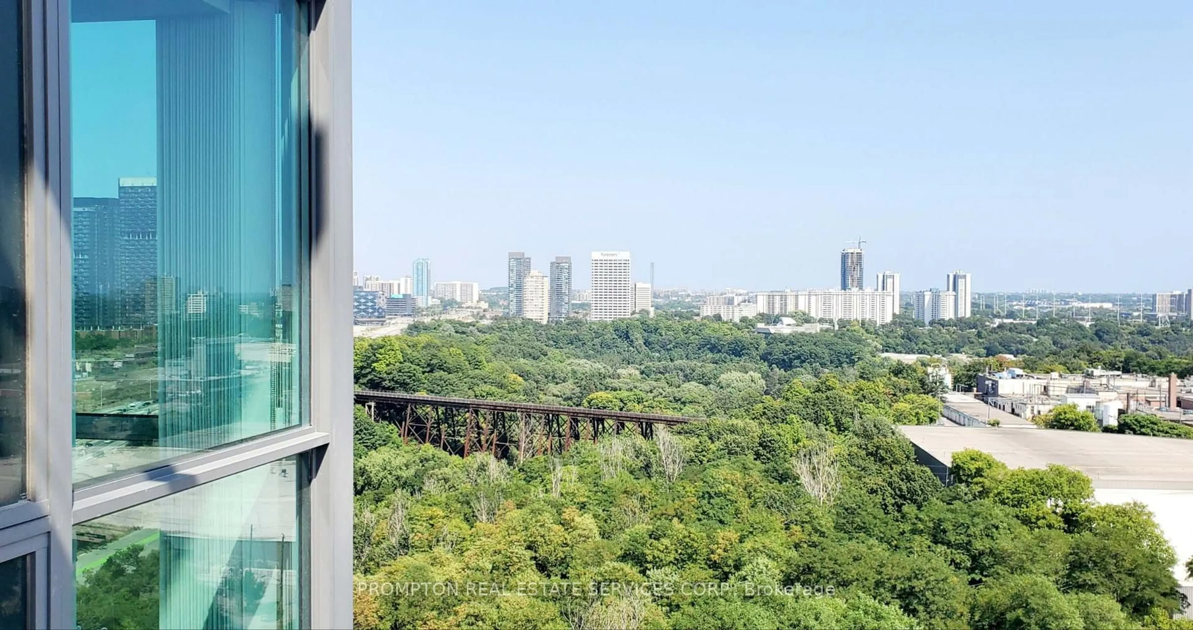 Balcony in the apartment, city buildings view from balcony for 160 Vanderhoof Ave #1505, Toronto Ontario M4G 0B7