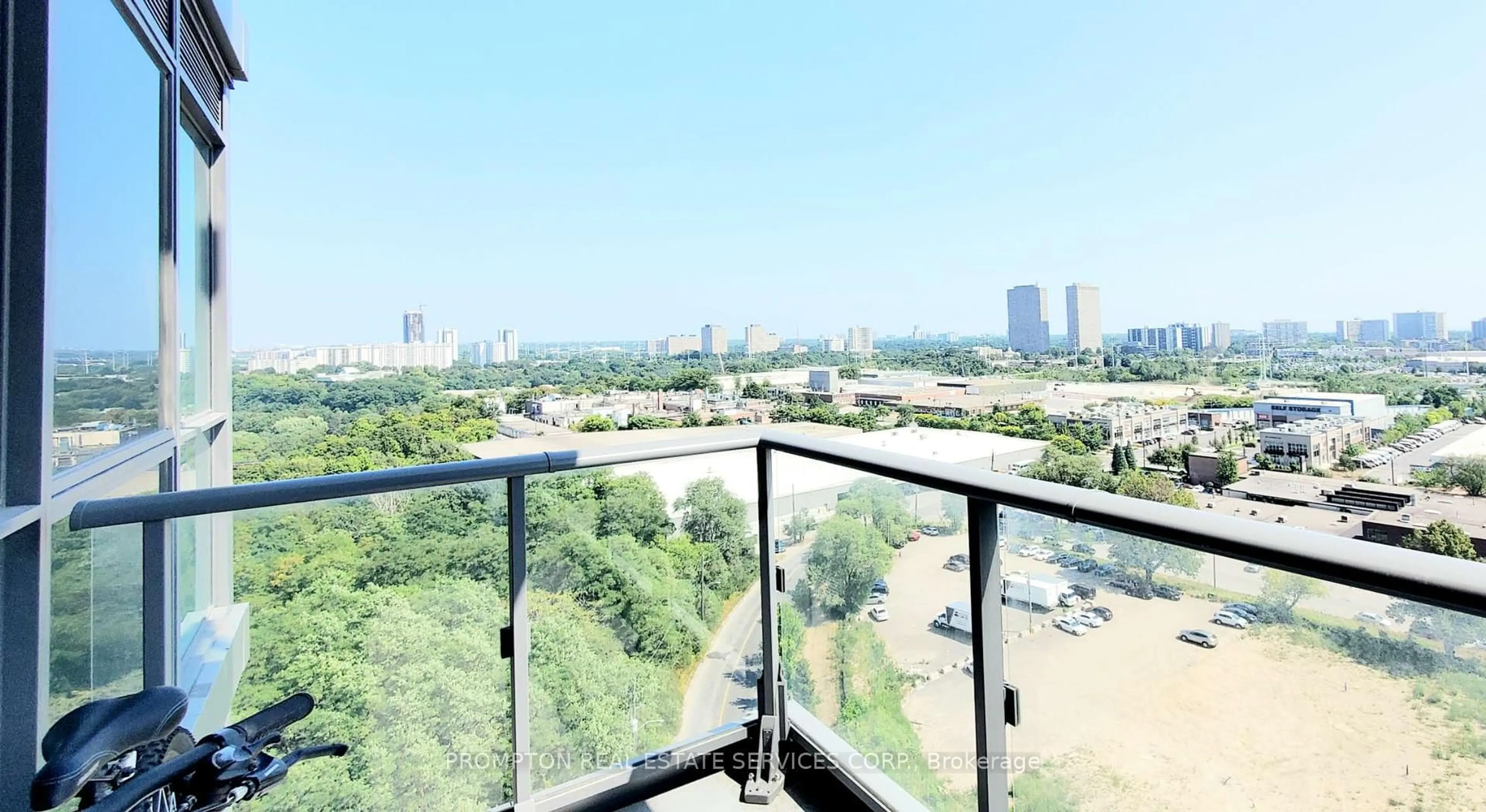 Balcony in the apartment, city buildings view from balcony for 160 Vanderhoof Ave #1505, Toronto Ontario M4G 0B7